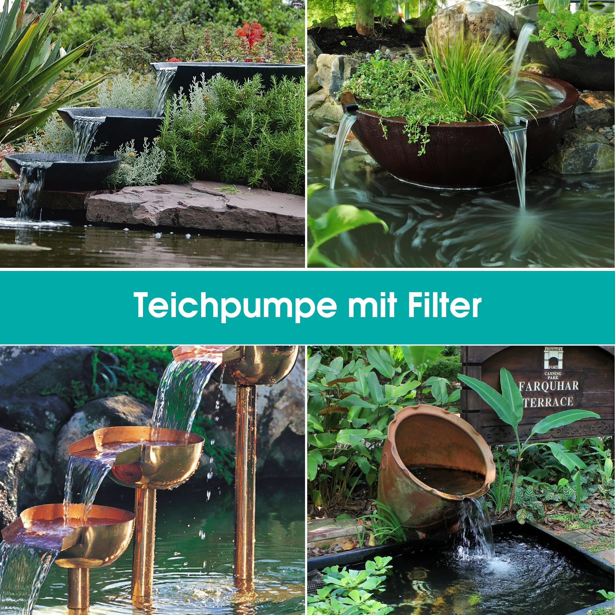 Pompa fontana solare Biling con filtro, portata 875 L/H, cavo 5 m per stagno e cascata