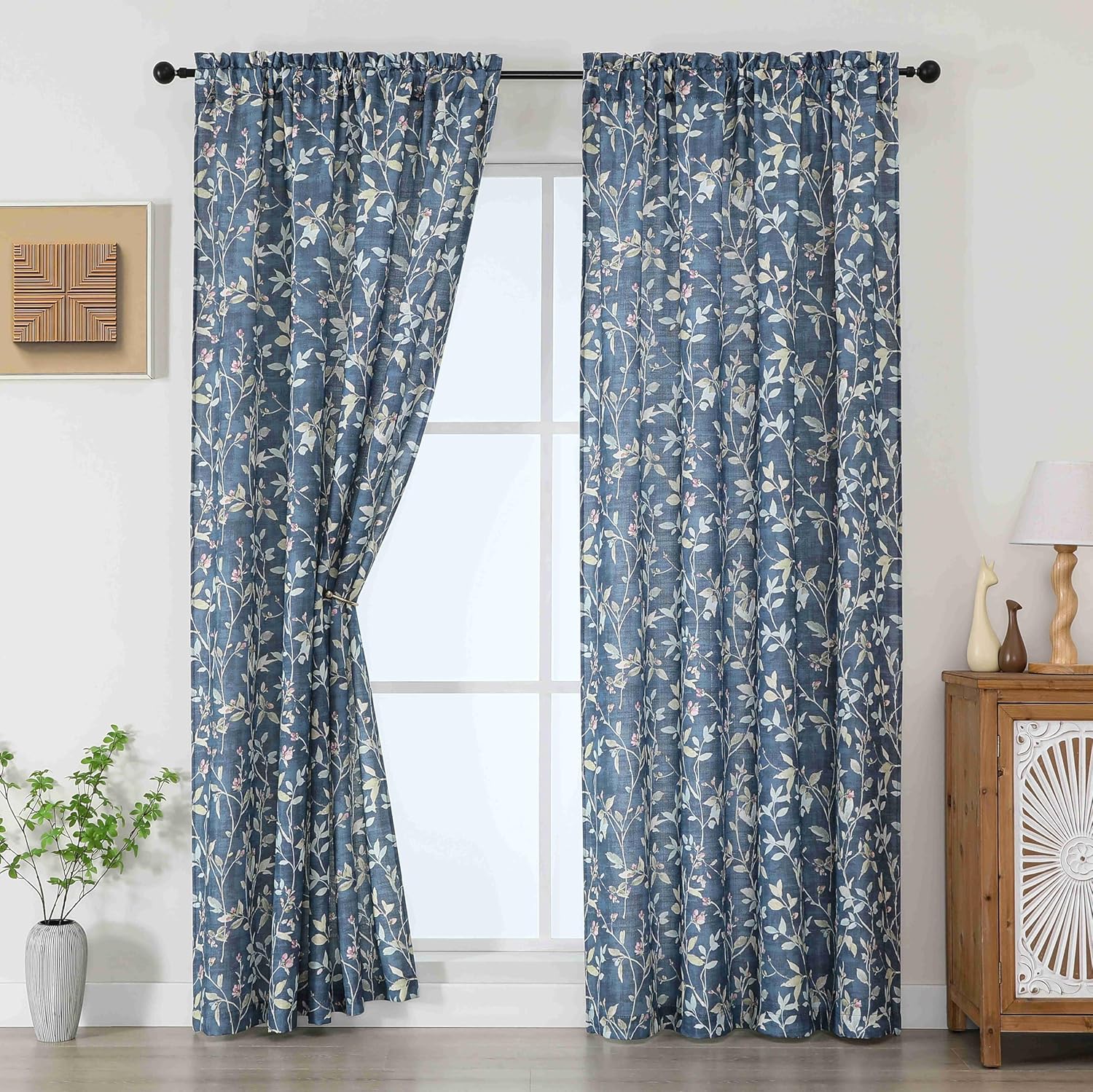 Chyhomenyc Light Filtering 84 Inch Window Curtains - Linen Blend Floral Printed Curtains Drapes for Living Room, Soft Farmhouse Curtain for Bedroom, 52Wx84L Inch, 2 Panels, Blue