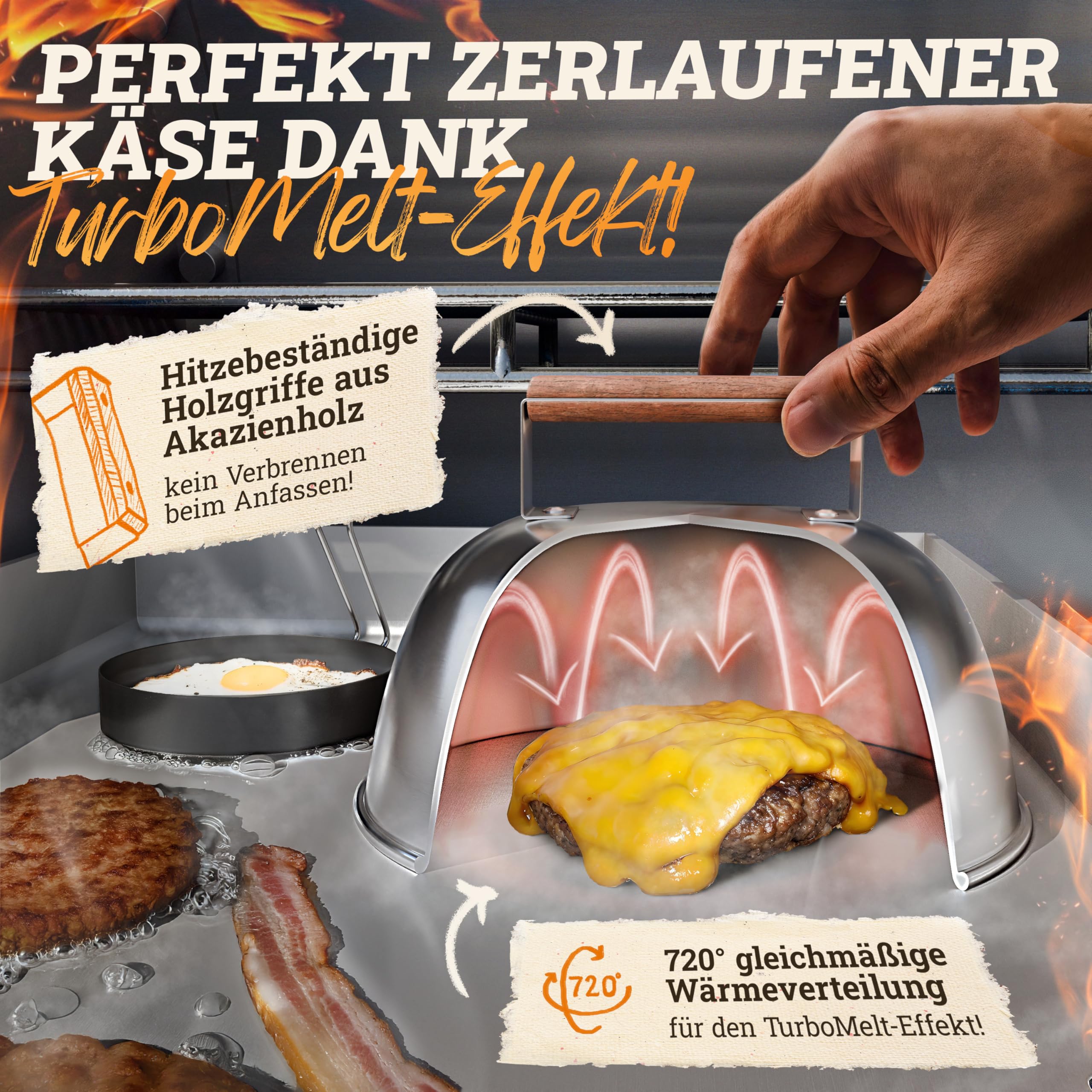 LIKAYA® Smash Burger Master-Set XXL [9-TLG.] Edelstahl mit Akazienholz-Griffen für Plancha, Grillplatte, Gasgrill & Feuerplatte | 1x Smasher, 2X Burgerglocke, 1x Grillspachtel, 1x Grillwender & mehr