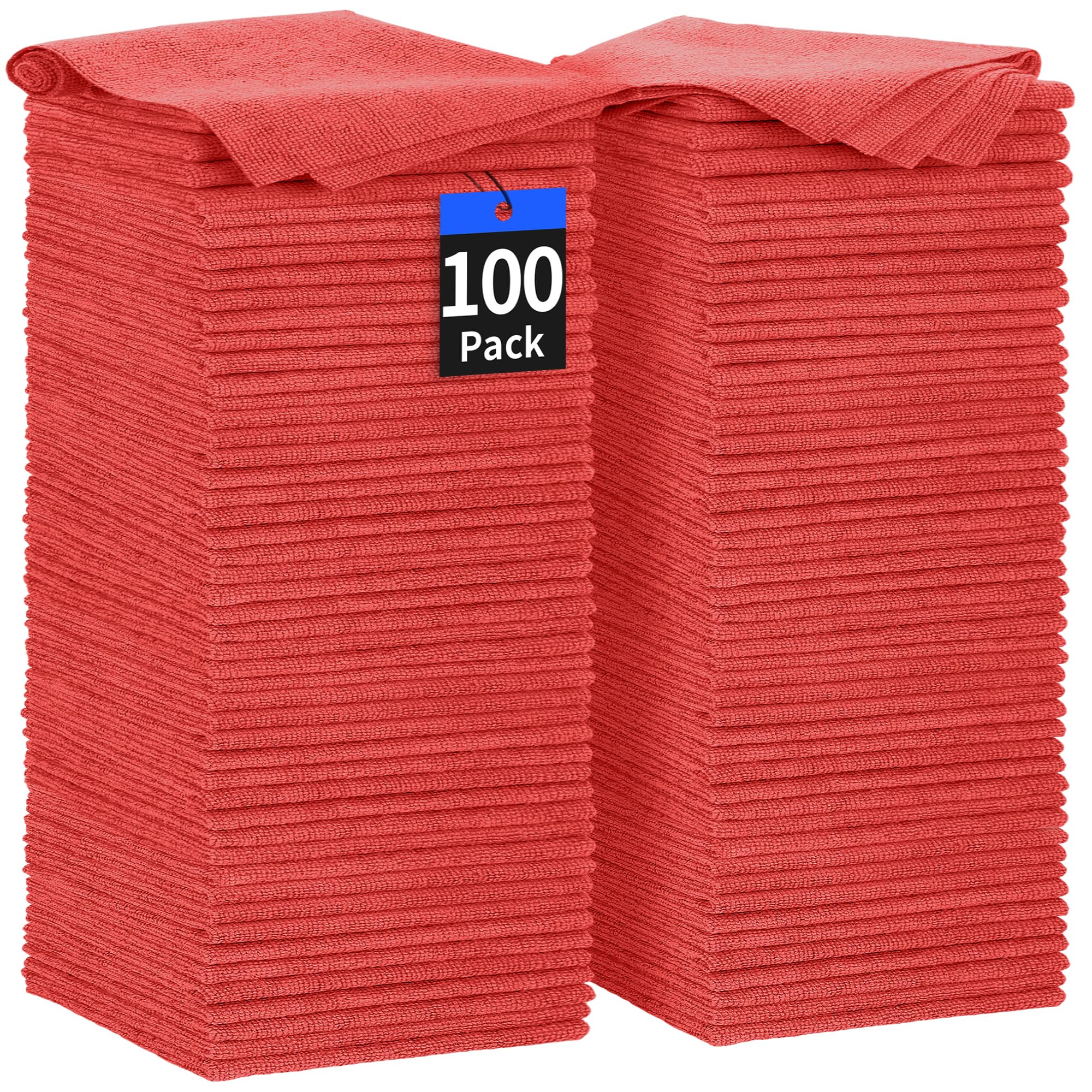 HOMERHYME Shop Towels Rags, 100 Pack Detailing Rags Microfiber Cleaning Cloth Bulk Absorbent Lint-Free Microfiber Towels for Mechanic, Automotive, Industries, Garage & Housekeeping 11.5"*11.5" Red[Amazon-developed Certification] Compact by Design