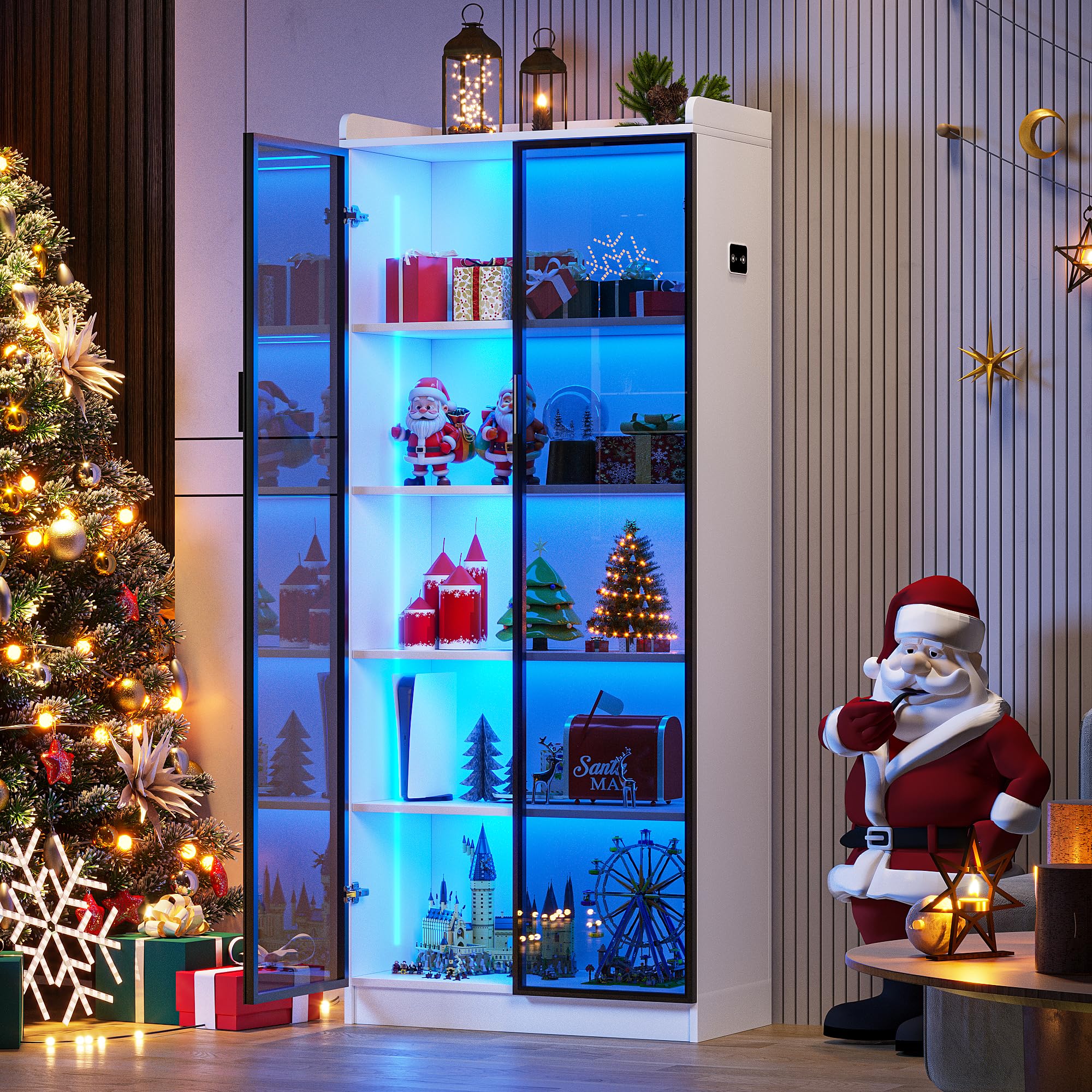 FREDEES Vitrine mit LED-Beleuchtung & Bewegungssensor, Weiß | 5 Ebenen, Verstellbare Einlegeböden, Für Figuren & Sammlerstücke, Wohnzimmer & Büro
