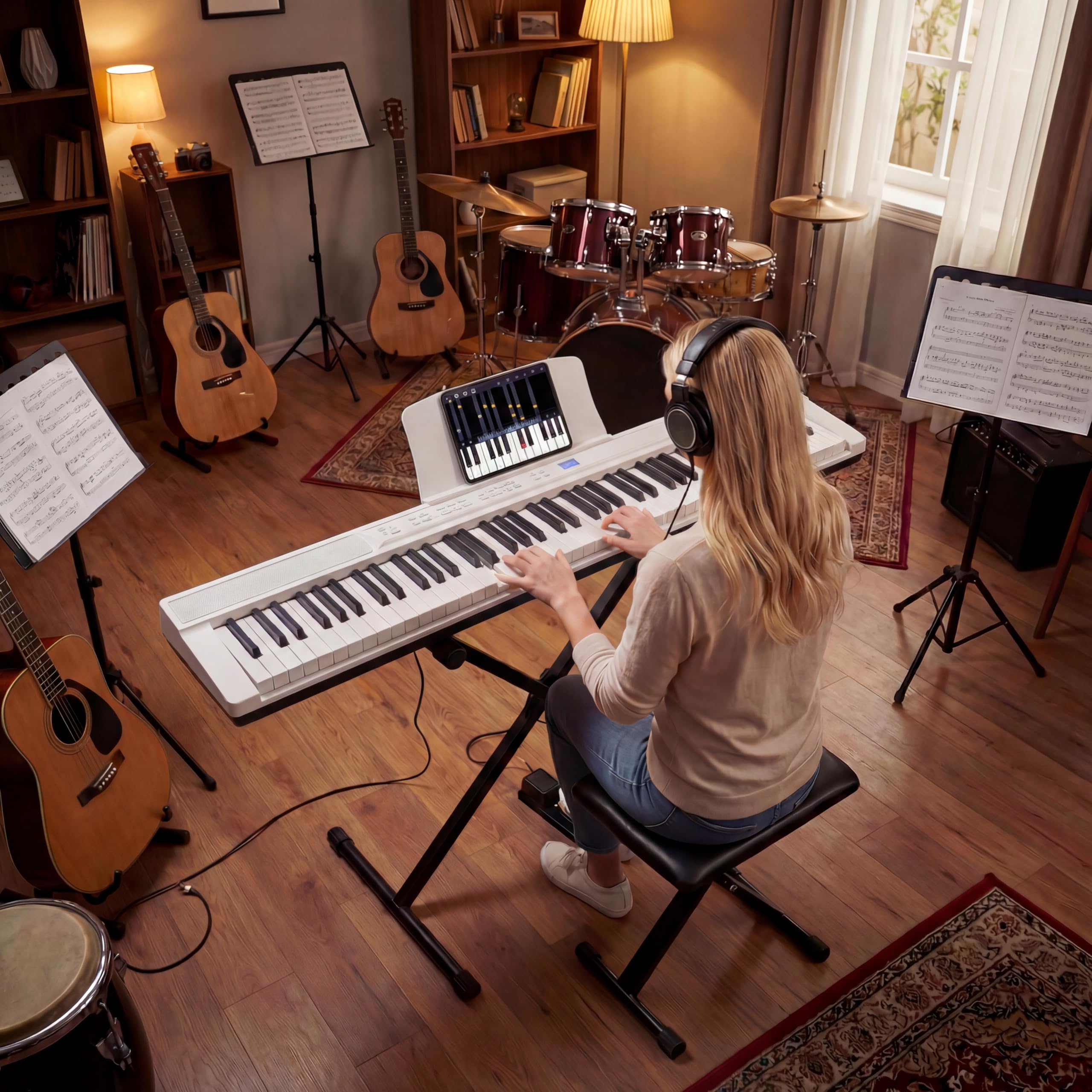 KOMFOTTEU Piano Numérique 88 Touches avec Support réglable & Tabouret, Touches lumineuses, Clavier de Pianos Électroniques avec Casque, Pédale et Pupitre, Piano Électronique, Sac de Transport (Blanc)