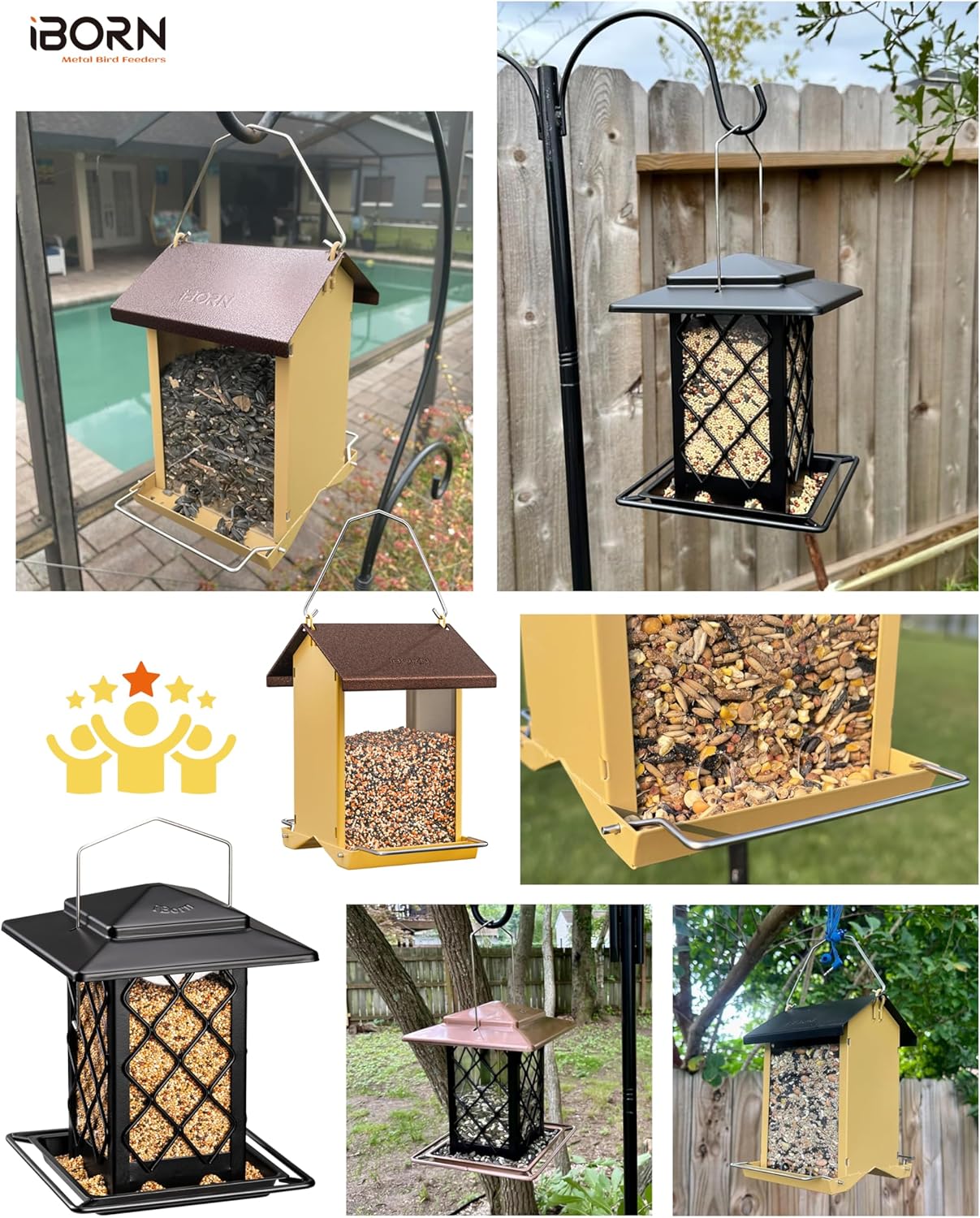 iBorn Bird Feeder House, Metal Bird Feeders for Outdoors Hanging,Double-Sided Metal Hanger & Weatherproof, Easy to Clean & Refill, 1.5 Lbs Capacity, Yellow