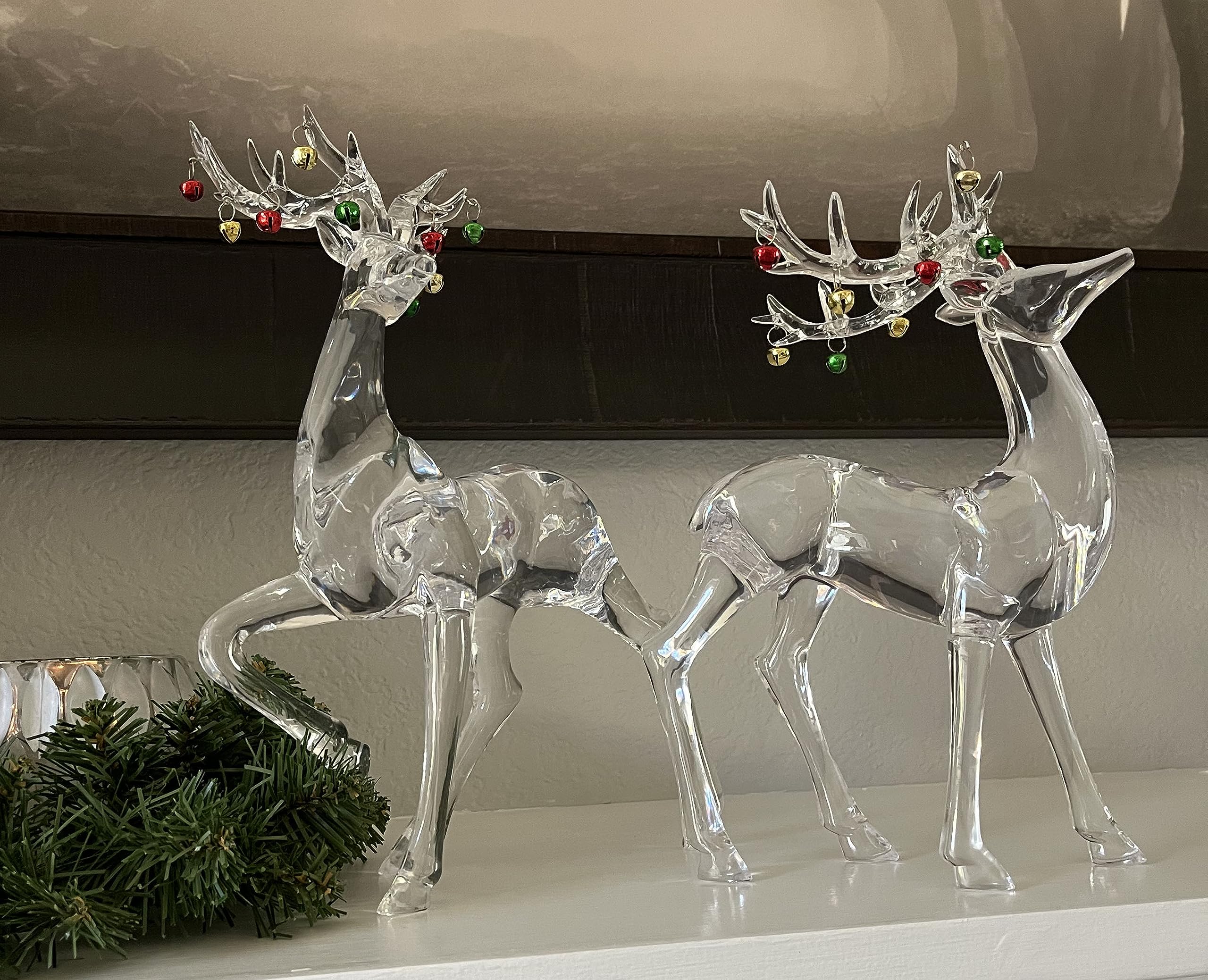 Juego de renos de Navidad de acrílico transparente de 2 pulgadas, cascabeles de Navidad en cuernos, figuras de ciervo navideñas, 10 y 11 pulgadas de alto, aspecto de vidrio cortado