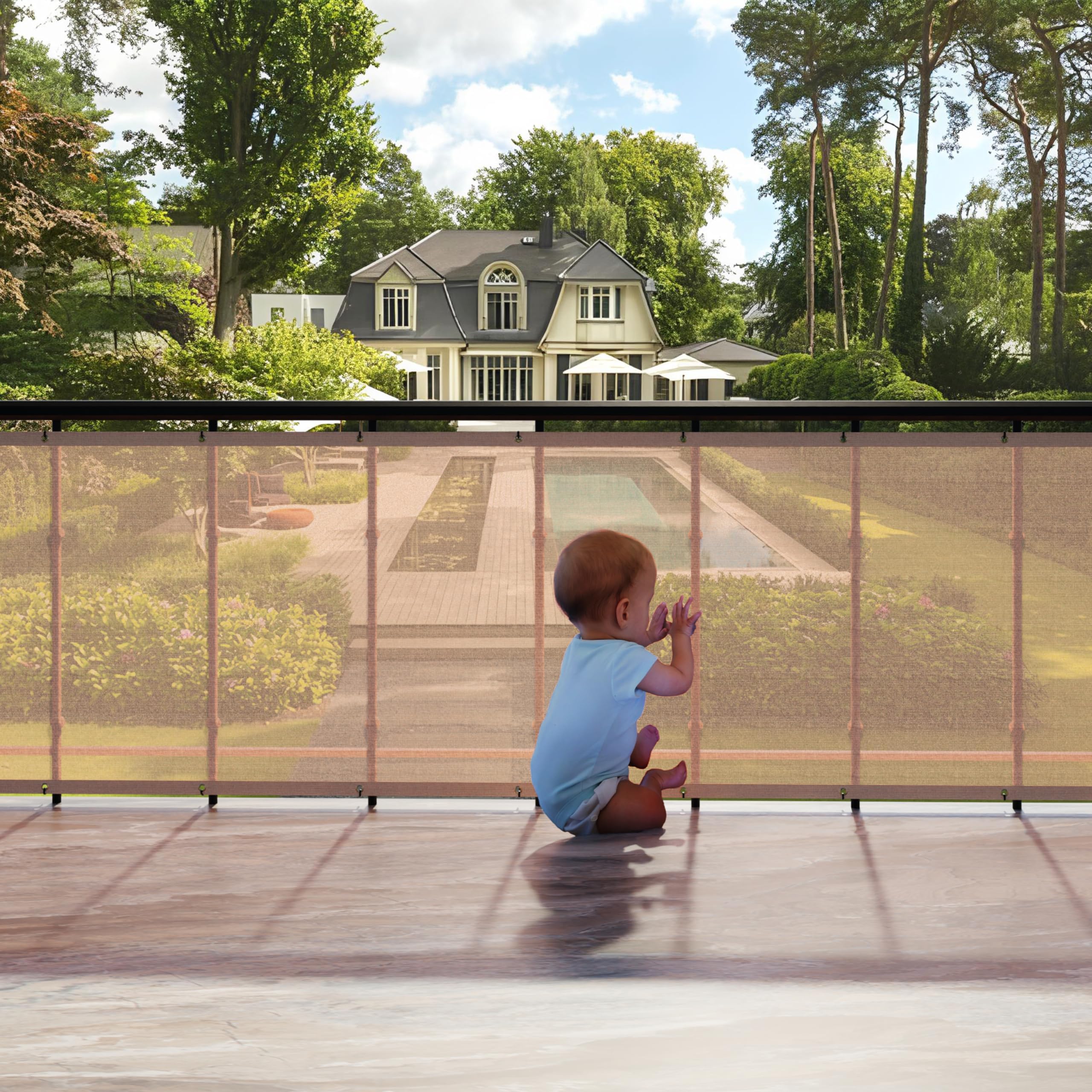 HIPPO Baby Safety Net for Balcony Child Protection Stairway Safety Net Railing Guard for Kids Staircase Protector with Tie-Cords Breathable Fabric Indoor Outdoor Use (1MTX4MT, Beige-Brown)