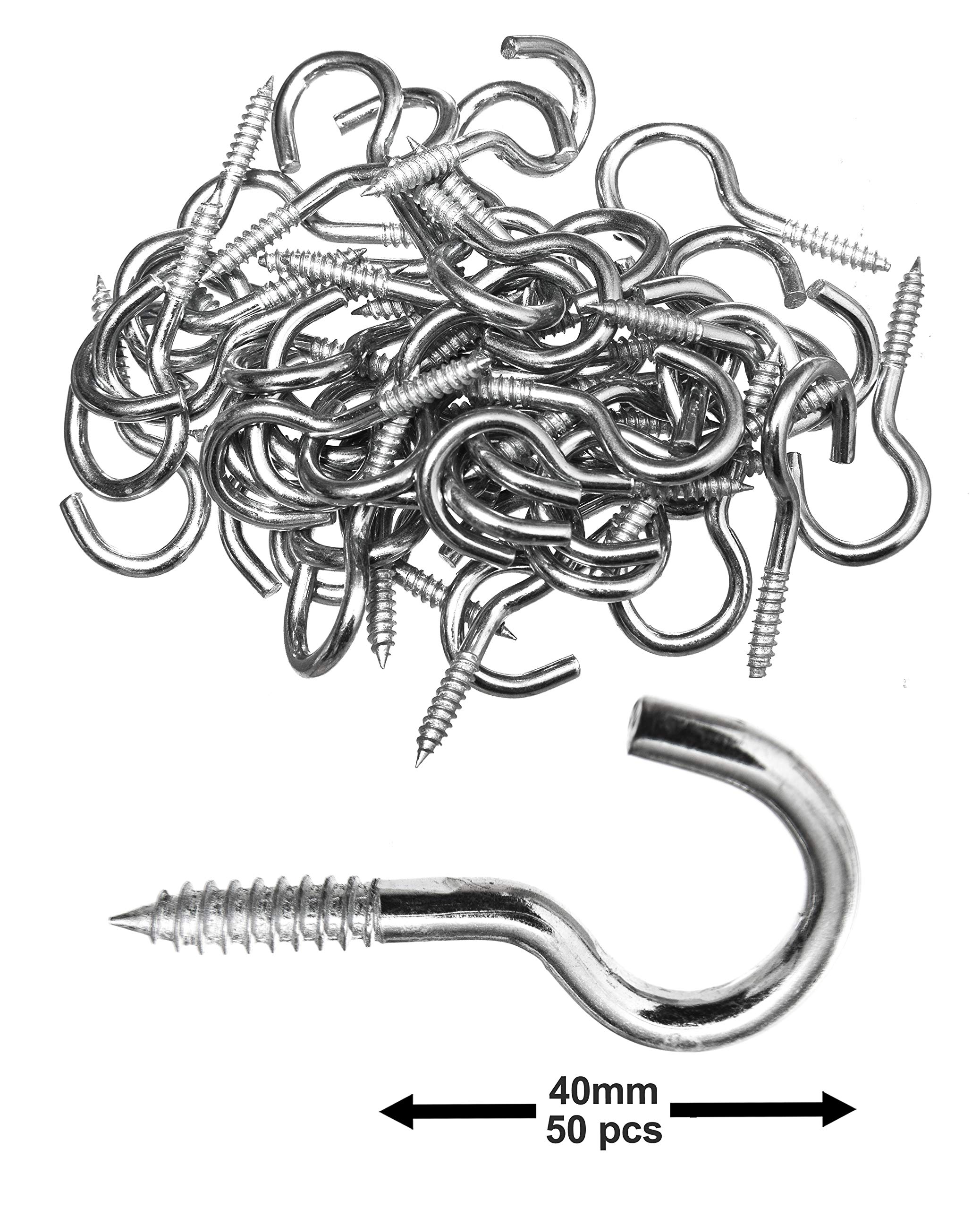 50-Pack of Zinc-Plated Screw Hooks 40mm (1-5/8in) Size - Strong Metal Screw-in Hooks for Garden Home Office Kitchen Bedroom Utility Room and Garage