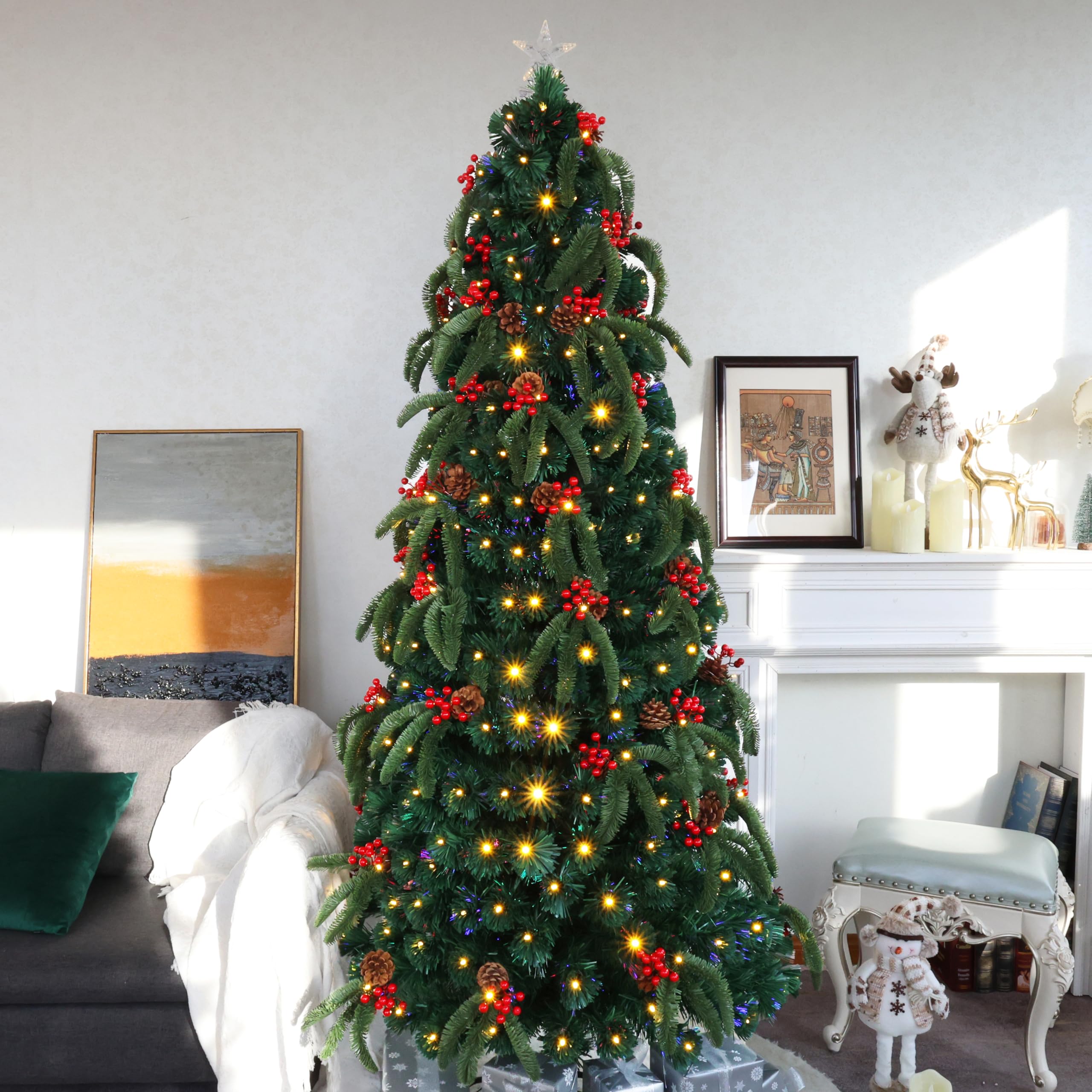CVHfhjTG christmas tree, With 8-Function LED Lights, PE+PVC Branches, Red Berries, Pine Cones and Star-Shaped Tree Topper - Metal Seat(6ft/180cm)