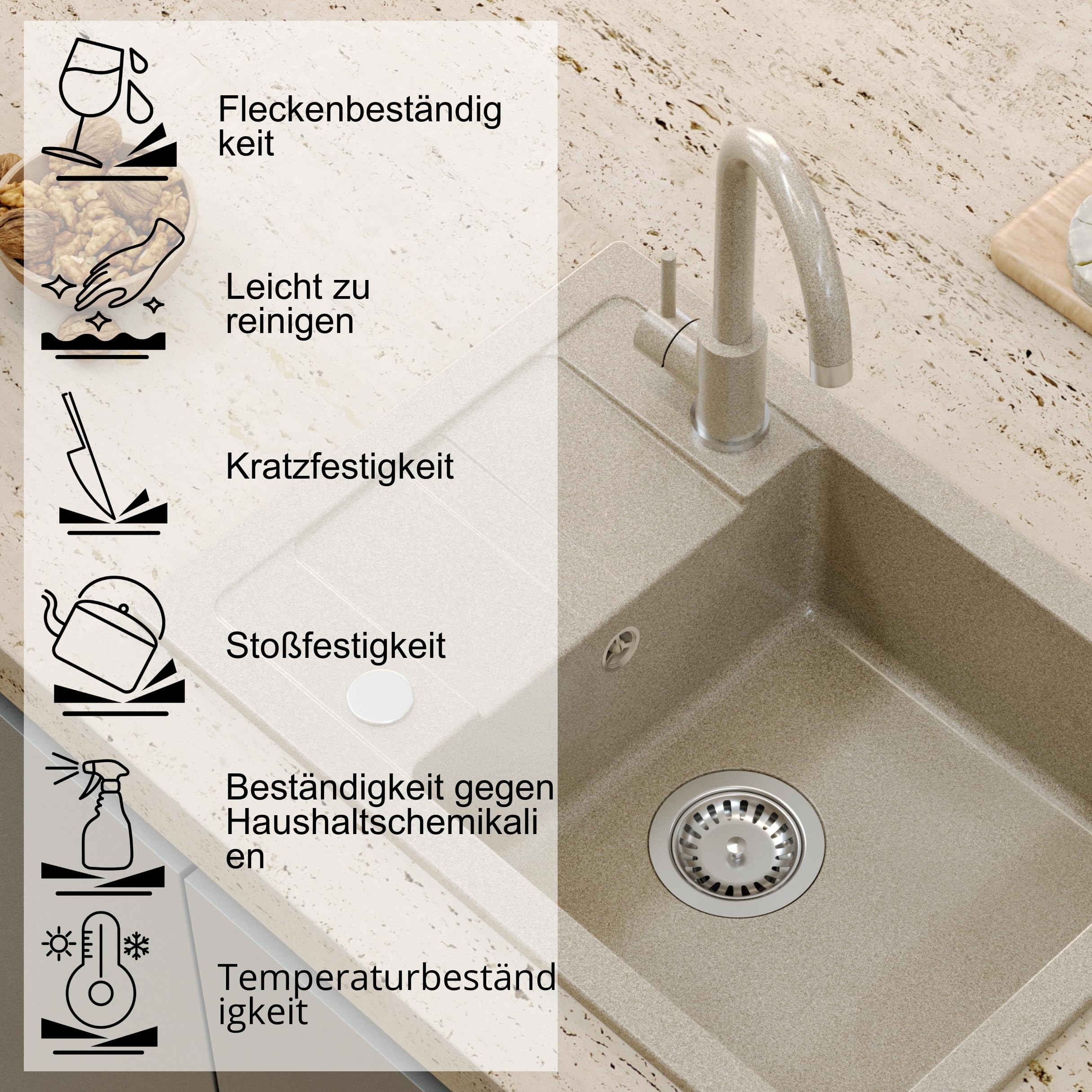 QUADRON Spülbecken Spüle Küche Granit | Größe 62 x 44 x 17,5 cm Schwarz | GO SMART Granitspüle Einzelbecken-Spüle | Einbauspüle mit Küchenarmatur | Einbeckenspüle Küchenspüle