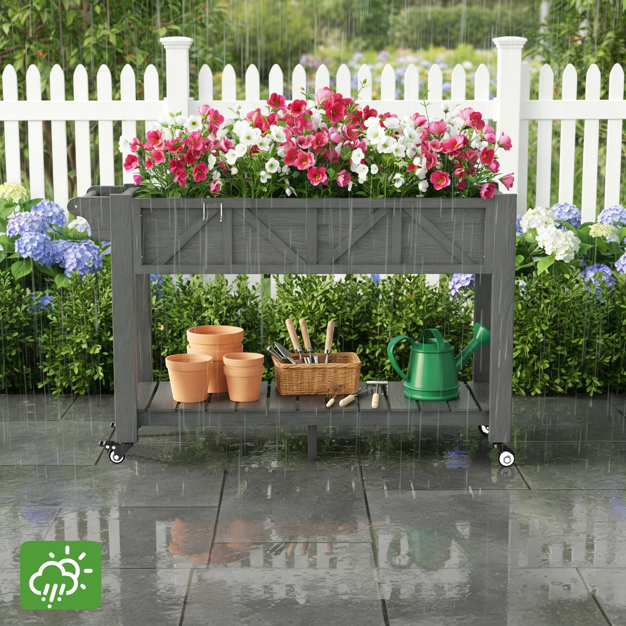 Hochbeet 120x44x70cm, Metall Hochbeet mit Rollen & Griff, 3 Haken & Vlieseinlage, Für Gemüse Blumen Kräuter, Garten Balkon Terrasse, Grau