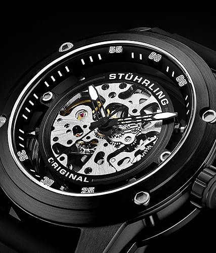 Miniatura 2 de Stuhrling Original Mens Automatic Watch Skeleton Stainless Steel Self Winding Dress Watch with Rubber Strap 50MM