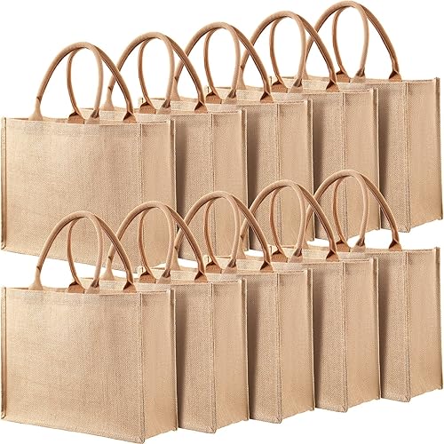 Shappy Juego de 10 Bolsas de Arpillera Tipo Tote, Bolsa de Compras de Yute Arpillera Reutilizable en Blanco con Asa para Regalo de Dama de Honor,