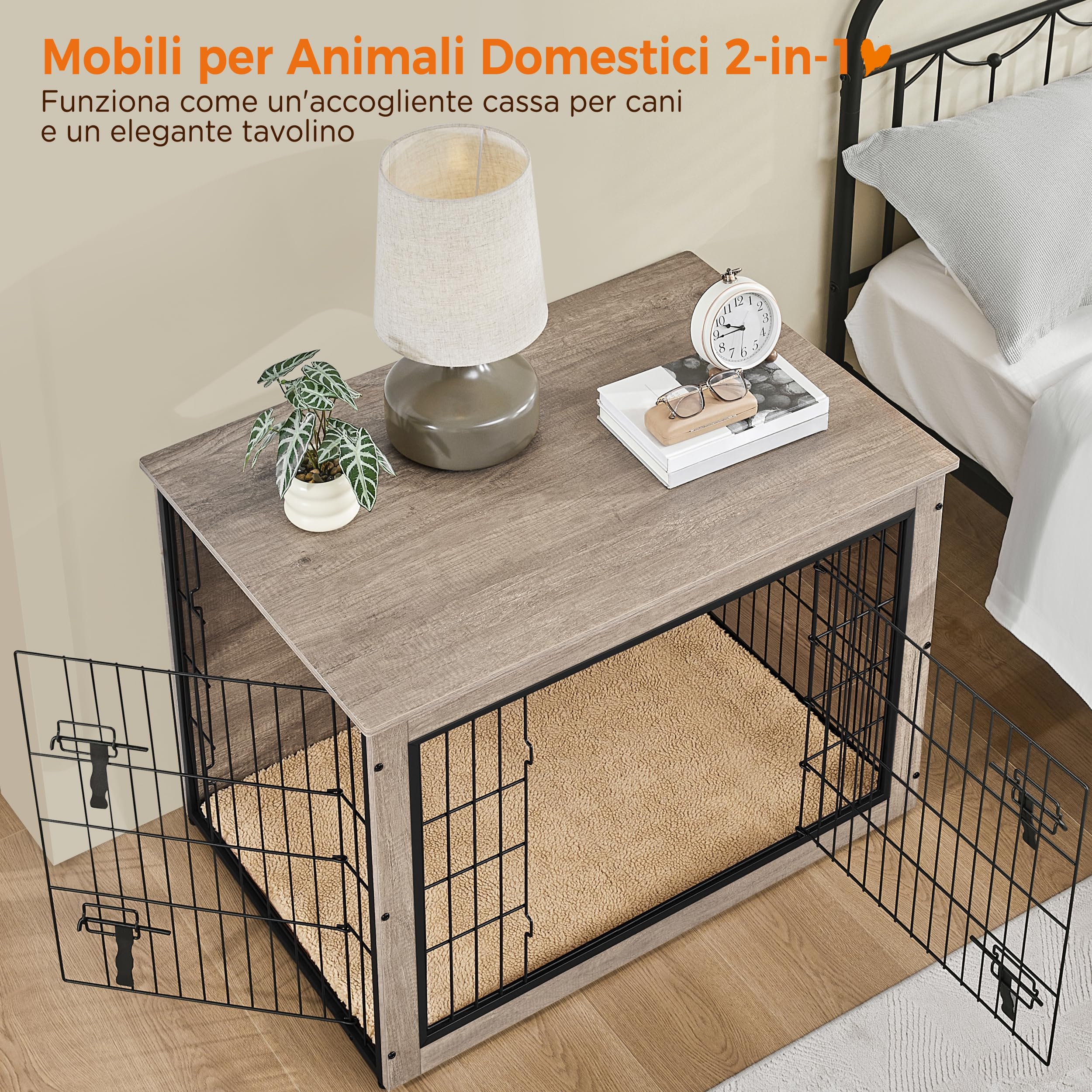 Yaheetech Gabbia per Cani Gatti, Tavolino Armadietto Box Kennel con Doppie Porte, a Rete in Legno, da Interno per Casa, 96 x 65 x 67,5 cm, Grigio