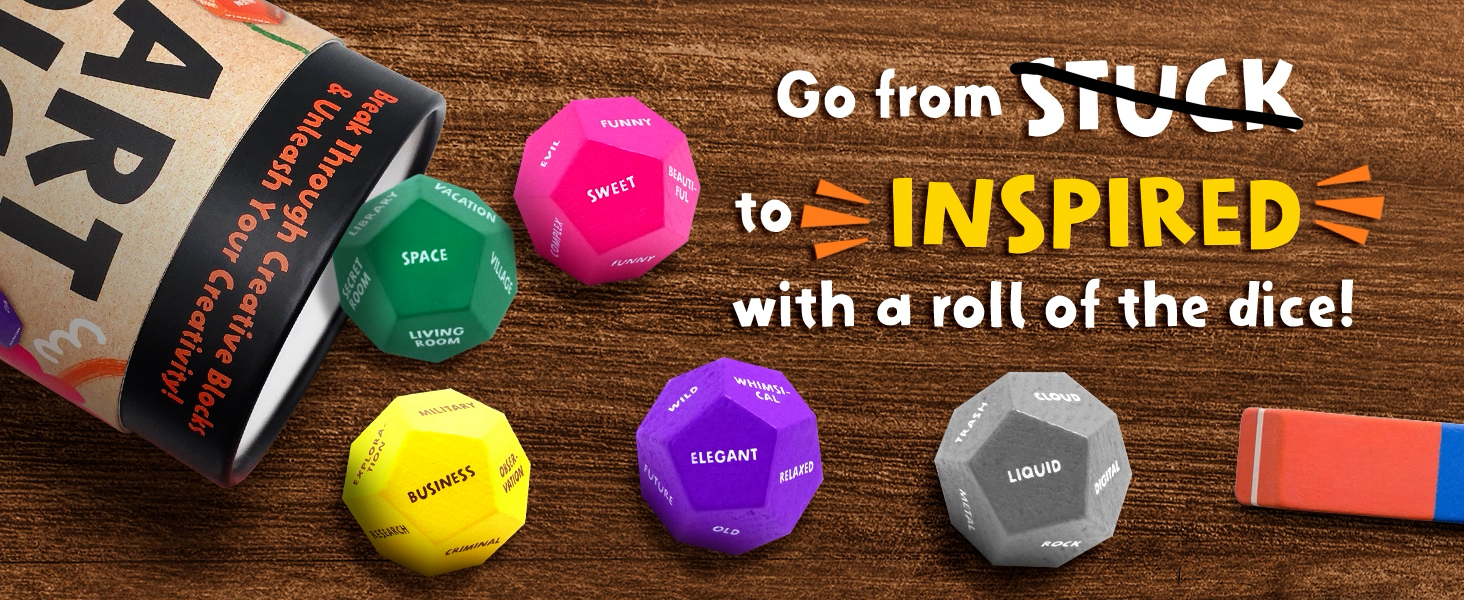 Art Dice – 12-Sided Wooden Dice with 120 Prompts to Help You Decide What to Draw or Paint – Creative Playbook with Games and Activities – Fun, Inspiring Gift for Artists of All Levels