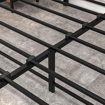 HOJINLINERO Double Bed Frame with Wooden Headboard,Heavy Duty Metal Platform Bed Frame Double Bed,Mattress Bed Base,Metal Slat Support,Under Bed Storage,Solid Double Beds,Black+Rustic Brown