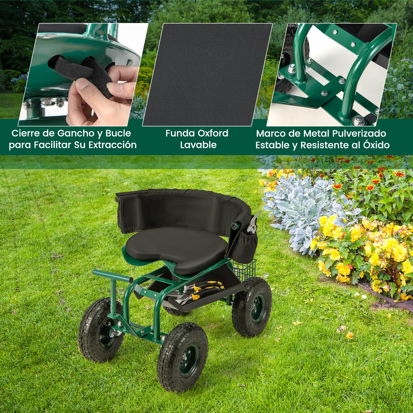 COSTWAY Asiento de Jardín con Ruedas, Carrito de Jardín con Asiento de Trabajo, Ajustable en Altura con Asiento Giratorio de 360° y Cojín, 2 Asas de Dirección, Taburete Móvil de Trabajo de Jardinería