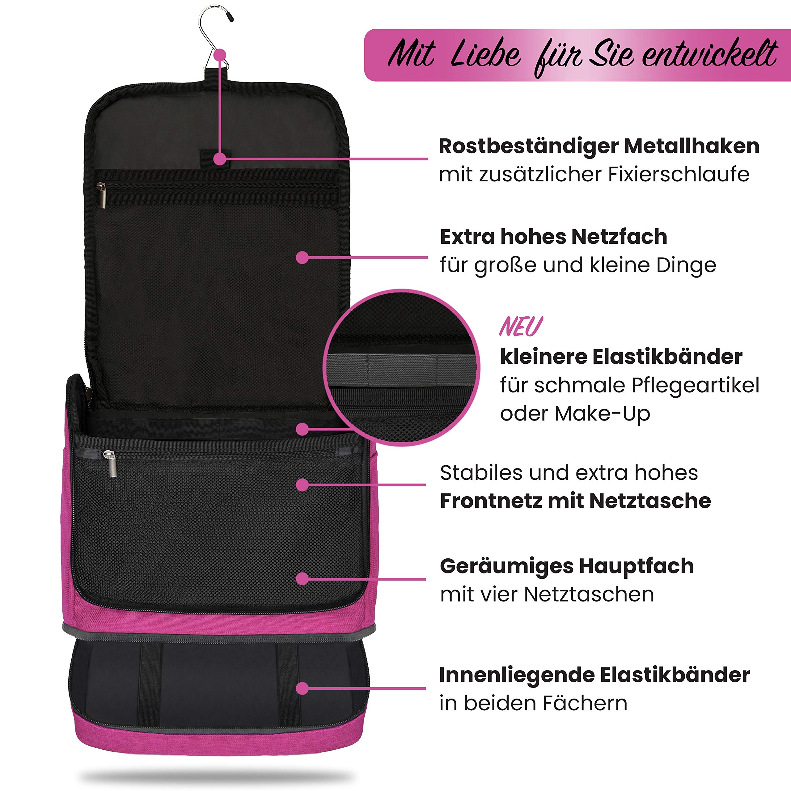 Beauty case XXL da appendere [Design 2026] Grande beauty case per donna, uomo con supporto per valigia e scomparto bagnato separato – Borsa per il lavaggio per uomini e donne, Rosa Nuovo, xl