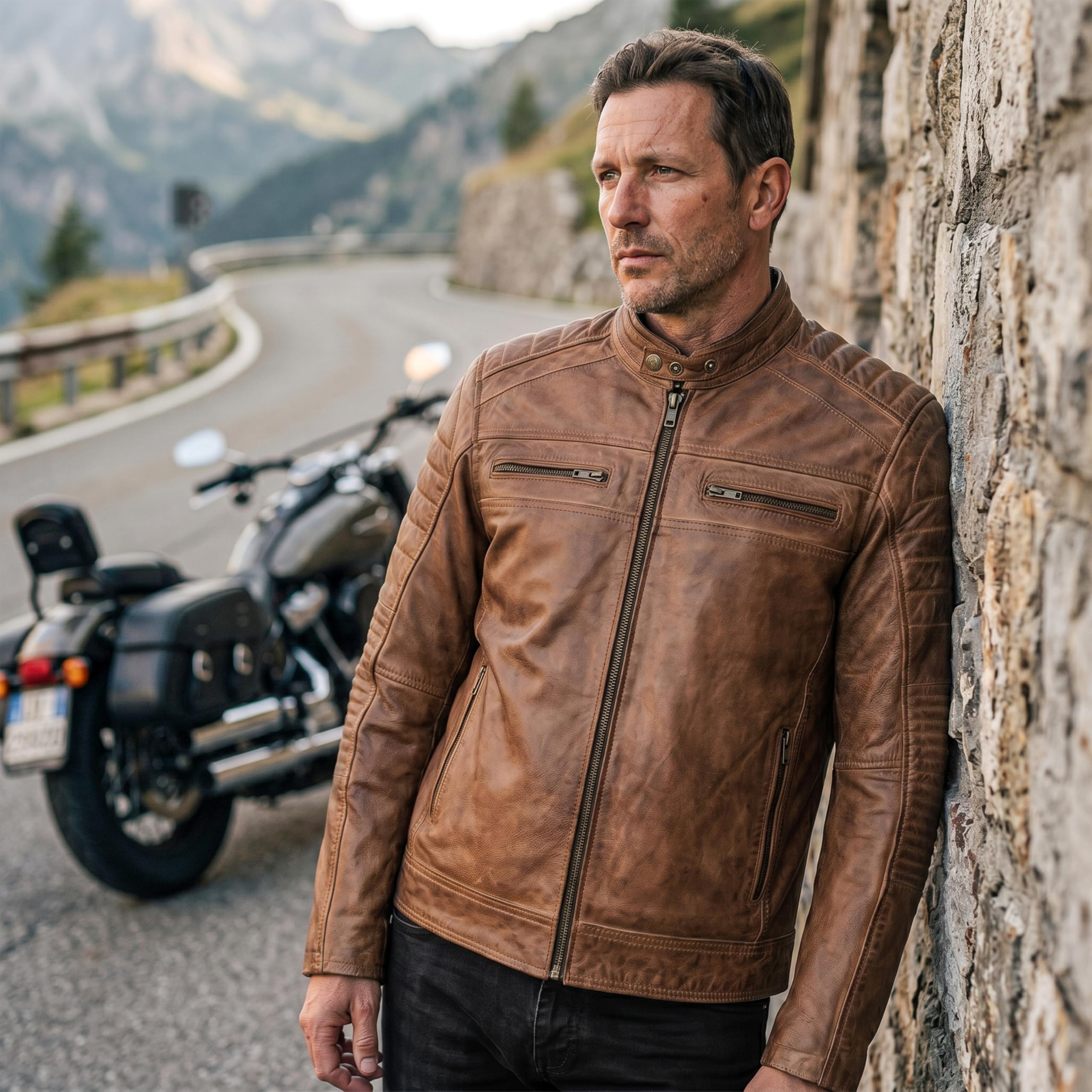 Leatherick Męska skórzana kurtka - postarzana brązowa skóra bydlęca styl retro vintage kurtka motocyklowa z wieloma kieszeniami
