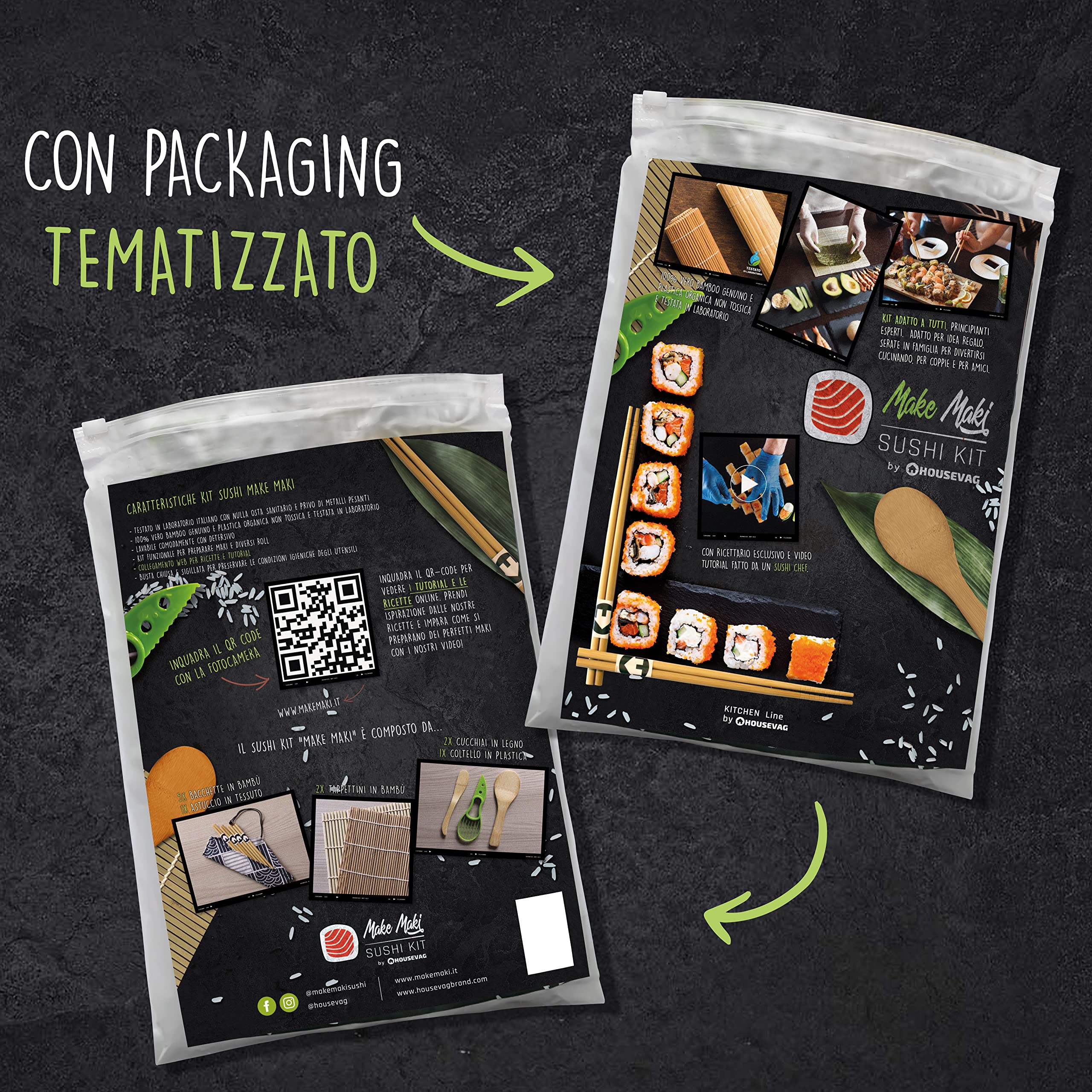 Make Maki Kit Sushi 10 Pezzi in Bamboo sushi kit Sushi Maker per Cibo Giapponese con Bacchette Giapponesi Set Sushi Certificato Omaggio Ricettario E Video Tutorial