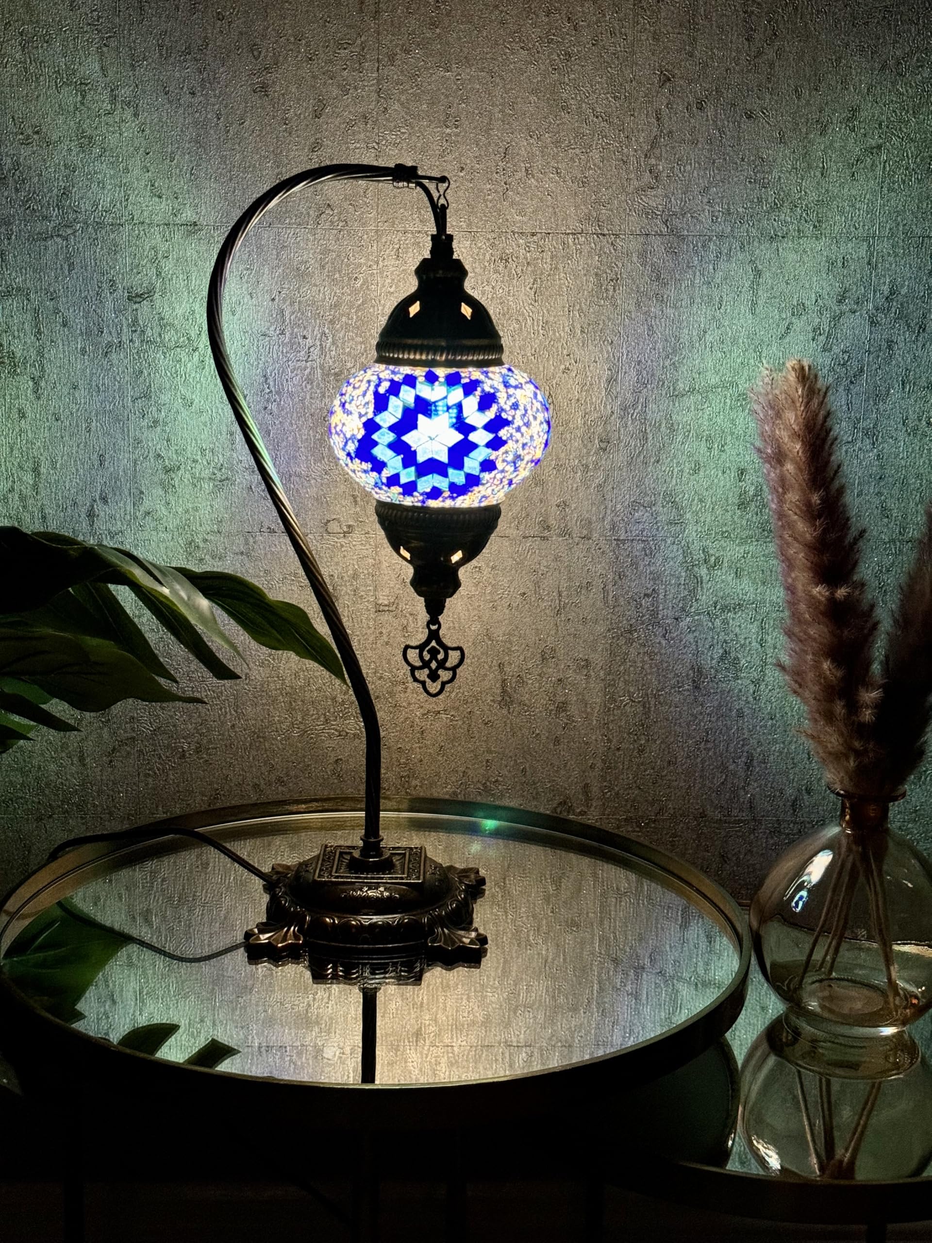 Lightza Handmade Turkish Moroccan Mosaic Desk Lamp LED Bulb | Swan Neck Unique Globe Lampshade Table Light | UK Tested Safe Energy Efficient (White and Blue Flower) — image 1