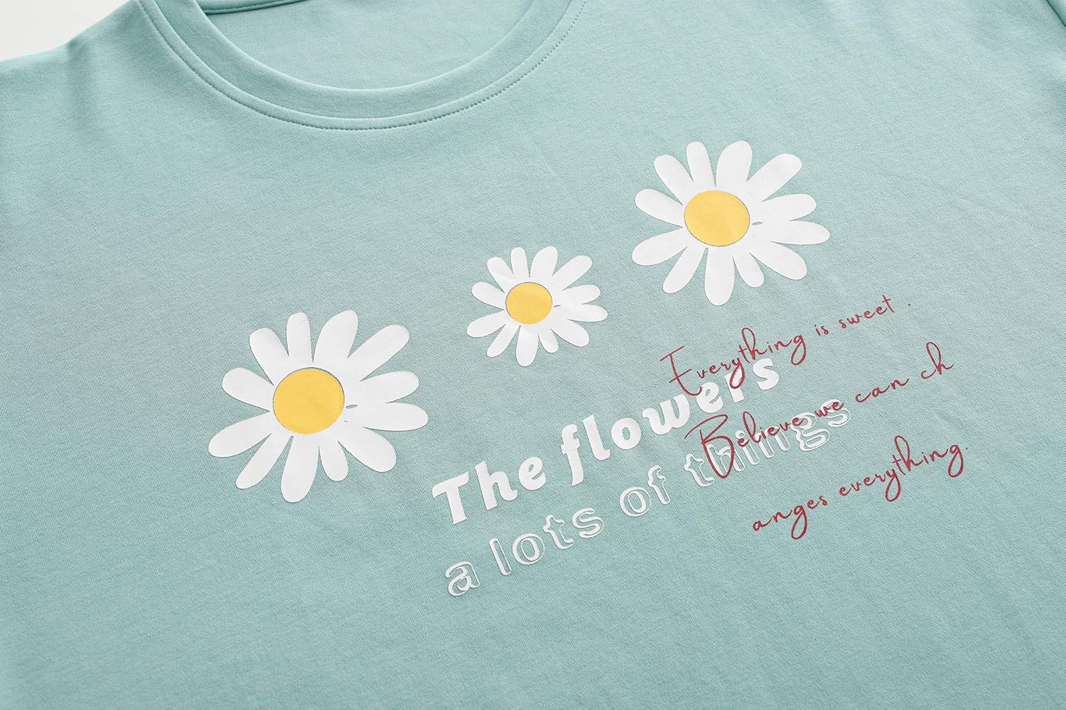 Vopmocld Big Girls' Short Sleeve Long Pants Pajama Sets 2PCS Cartoon Pattern & Letters Printed Sleepwear Lounge for Teens - Image 4