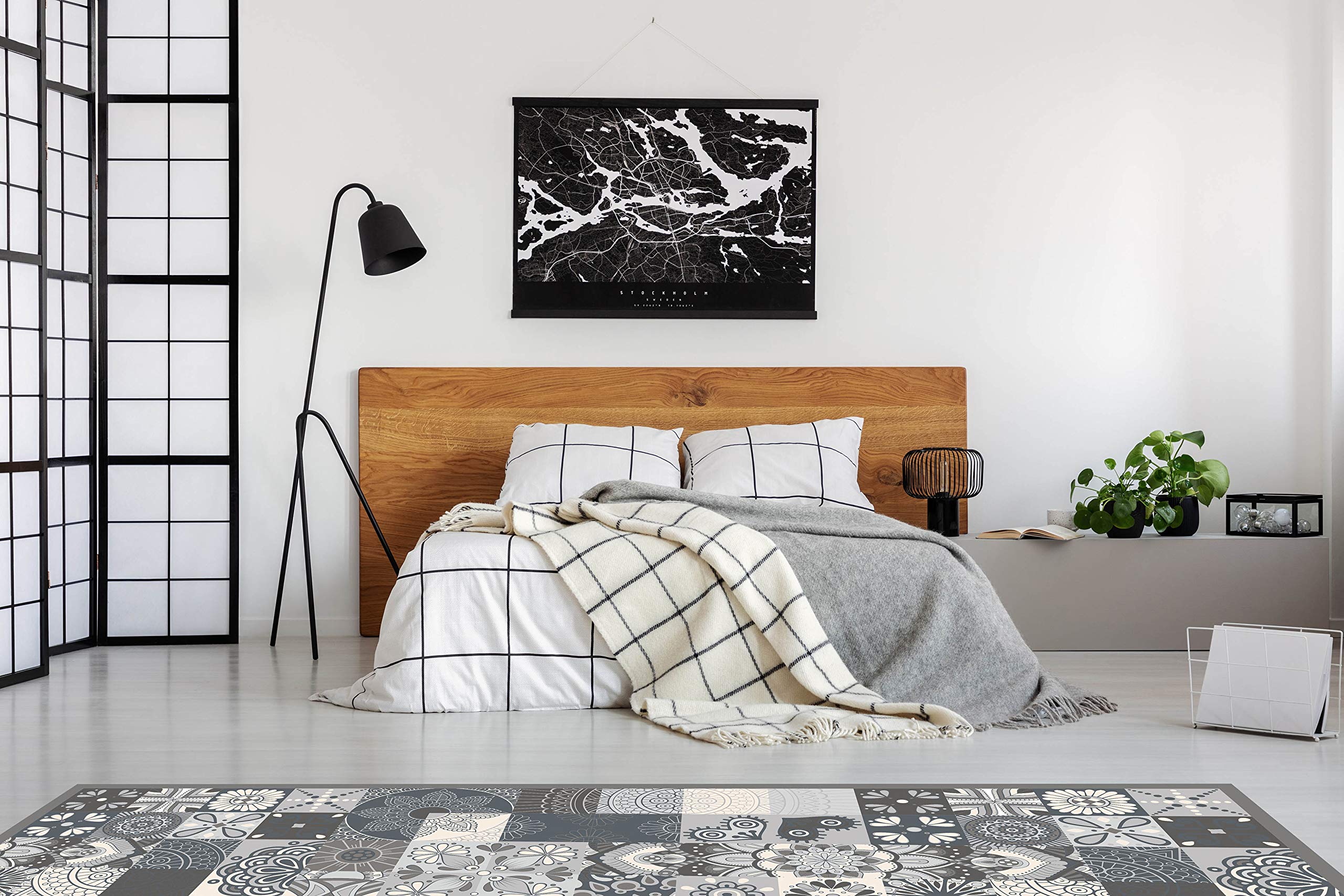 Panorama Tapis Vinyle - Modèle Carreaux Ciments Cuisine Gris 60x200 cm - Différentes Tailles - Deco Maison, Cuisine, Chambre et Exterieur