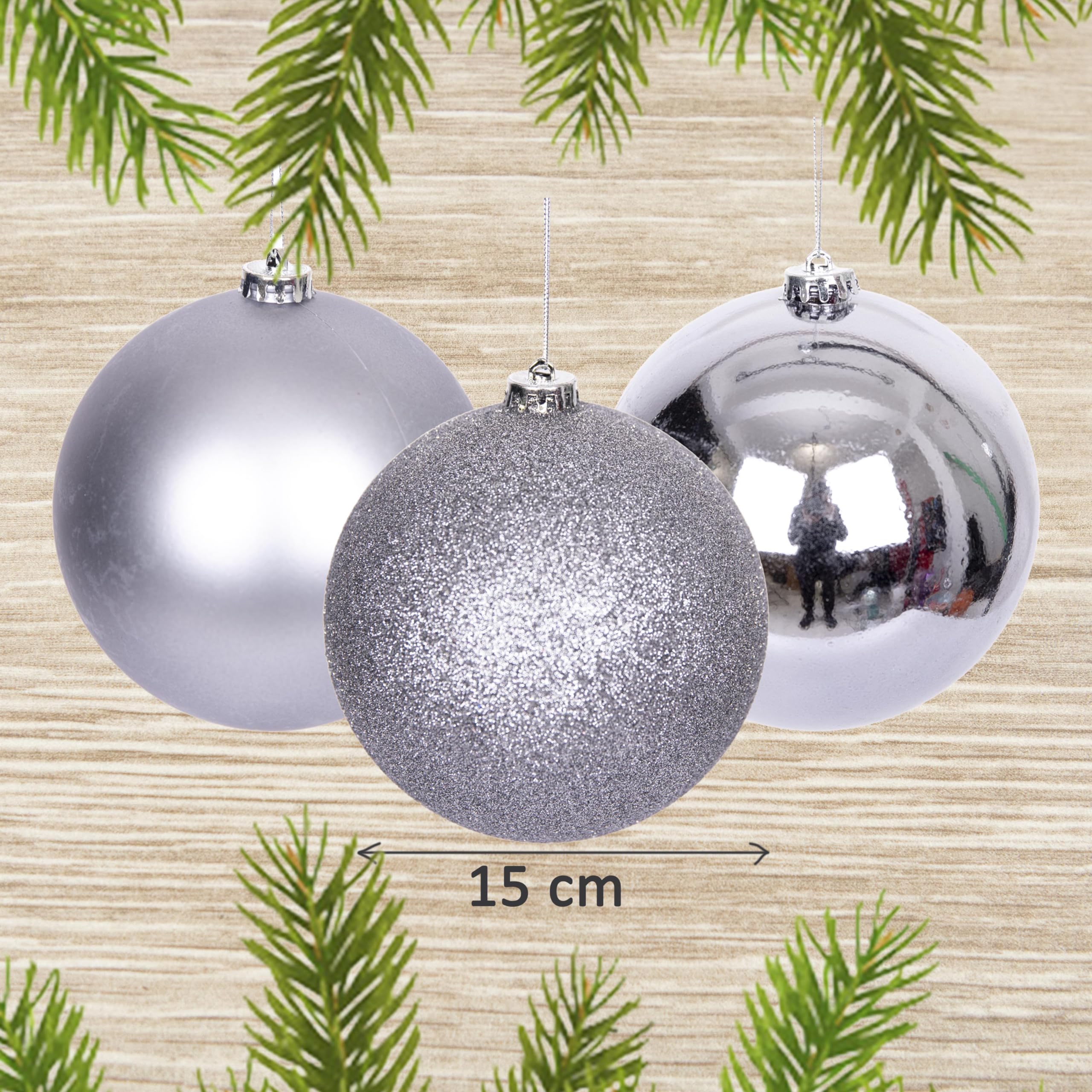 15 cm/3 palline di Natale infrangibili grigio medio, decorazioni per albero di Natale, palline ornamentali da appendere, decorazioni natalizie, lucide, opache, glitterate