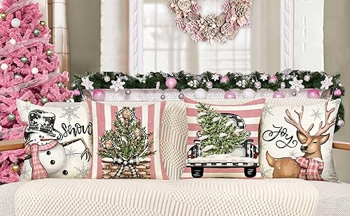 Miniatura 8 de 4TH Emotion Juego de 4 fundas de almohada navideñas de 20 x 20 pulgadas, decoraciones navideñas de granja, muñeco de nieve, reno, eucalipto, camión,