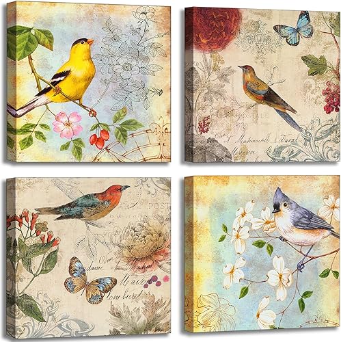 Lienzo artístico con flores y pájaros para pared de dormitorio, decoración floral para pared, imagen de mariposas, obra de arte enmarcada,