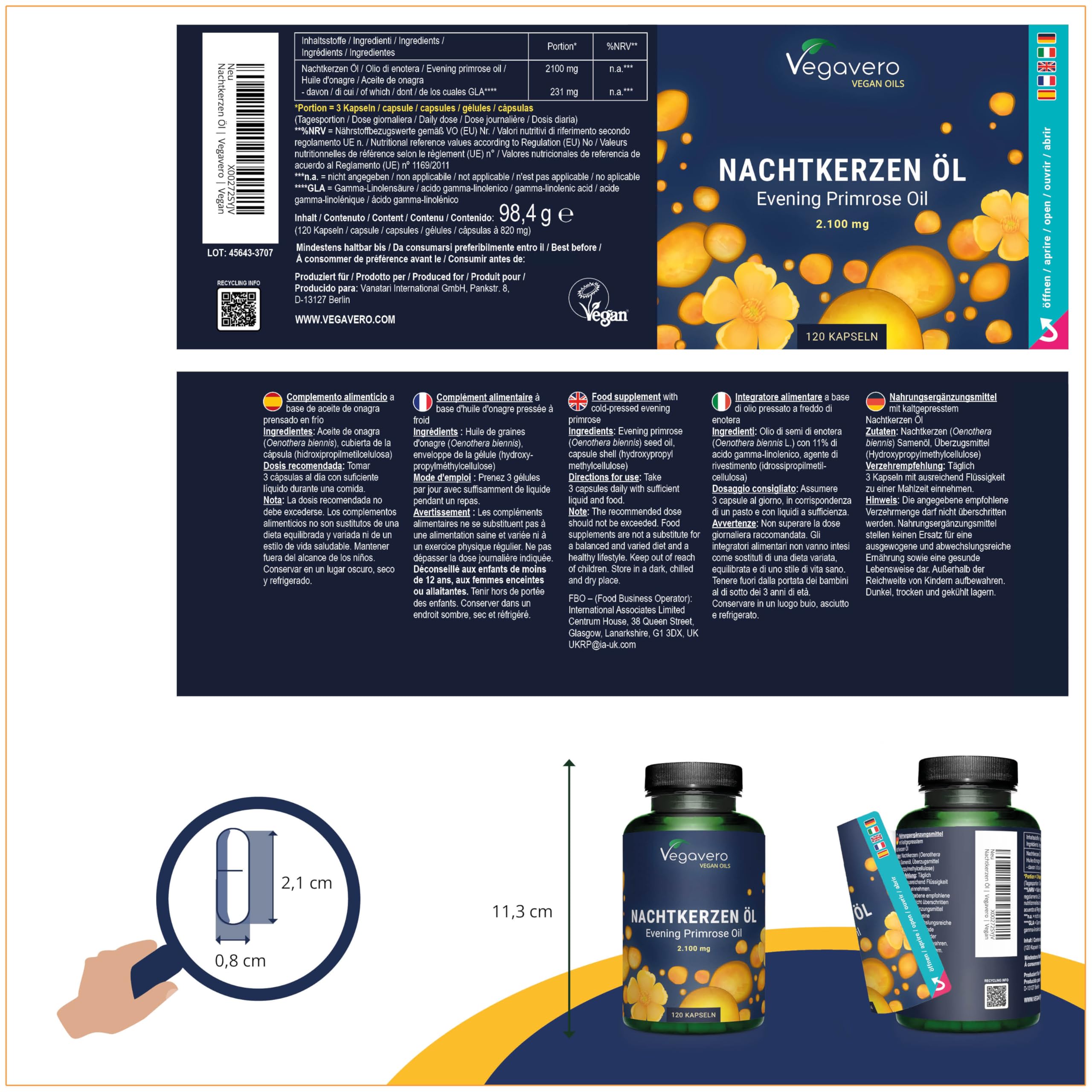 Huile Onagre 2100 mg | UNIQUE: Le Seul Vegan | Omega 6: 11% GLA | Pressé à Froid | 100% Naturel | Peau + Équilibre Hormonal | 120 Gélules | Vegavero®