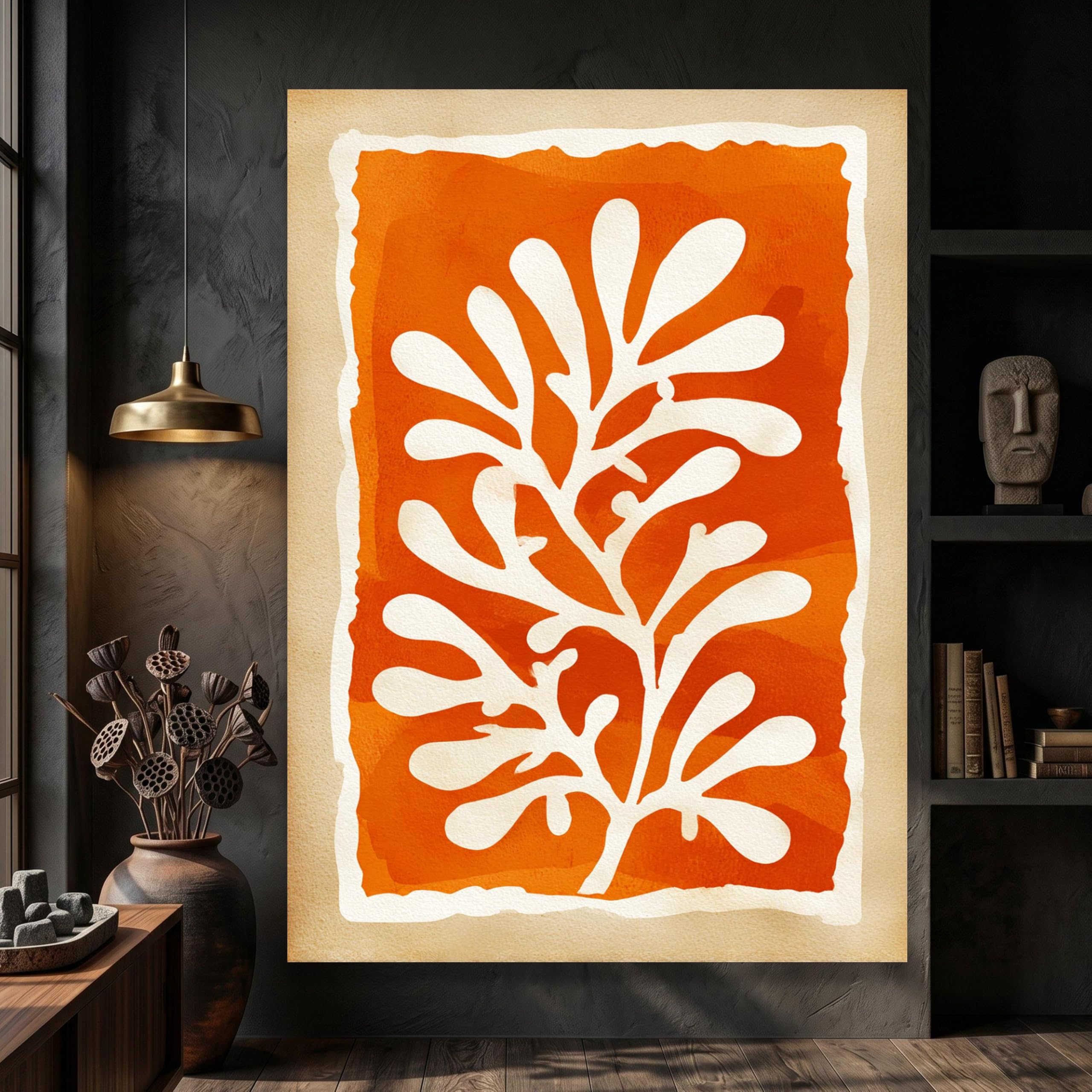 TONGYINLI Abstract Botanical Canvas Wall Art, Orange Leaf Silhouette, Nature Print Artwork, Home Decor Painting, Ready to Hang(30x40cm/Frameless)