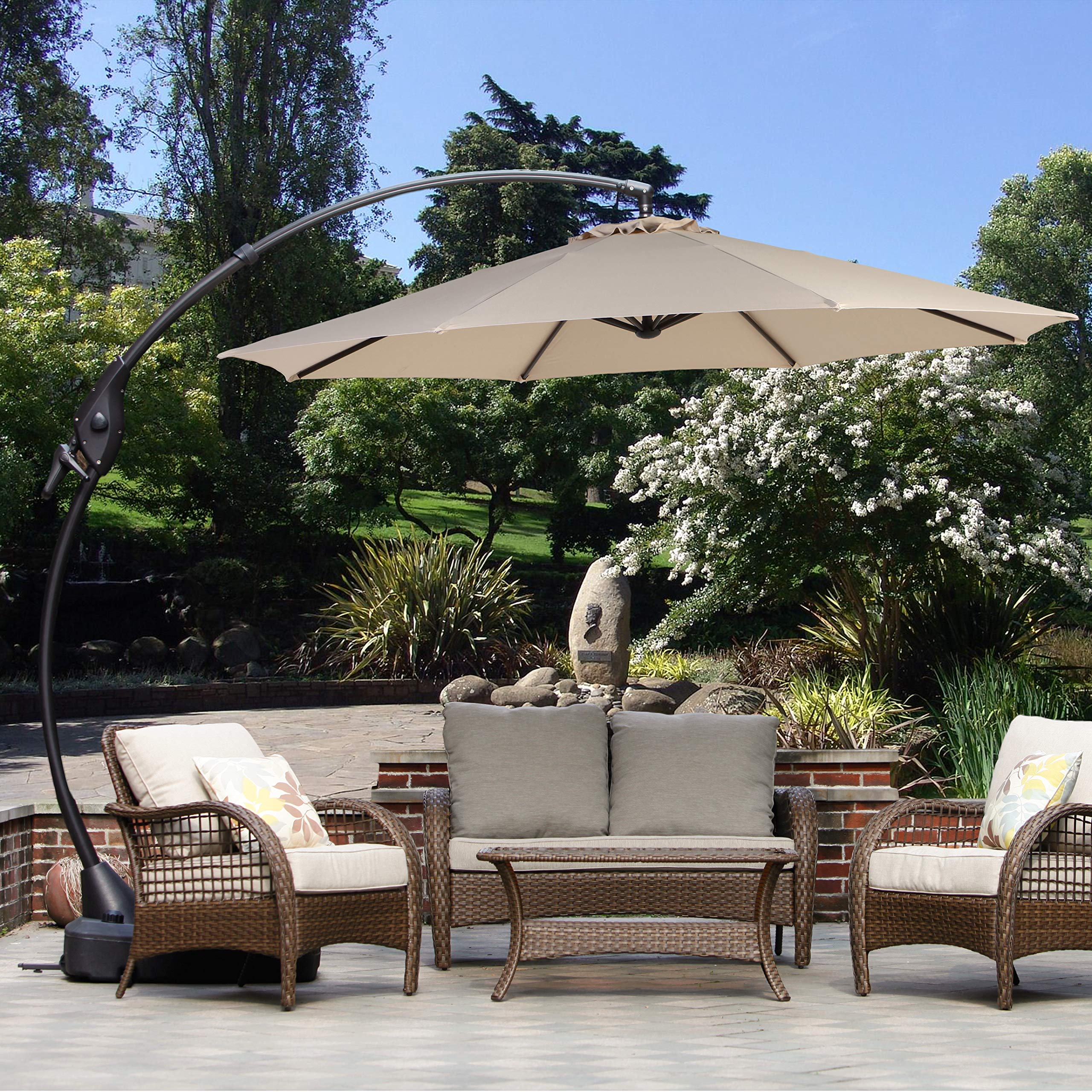 Amazon Com Grand Patio Outdoor 11 Ft Offset Umbrella With Base Included Curved And Cantilevered Aluminum Champagne Garden Outdoor