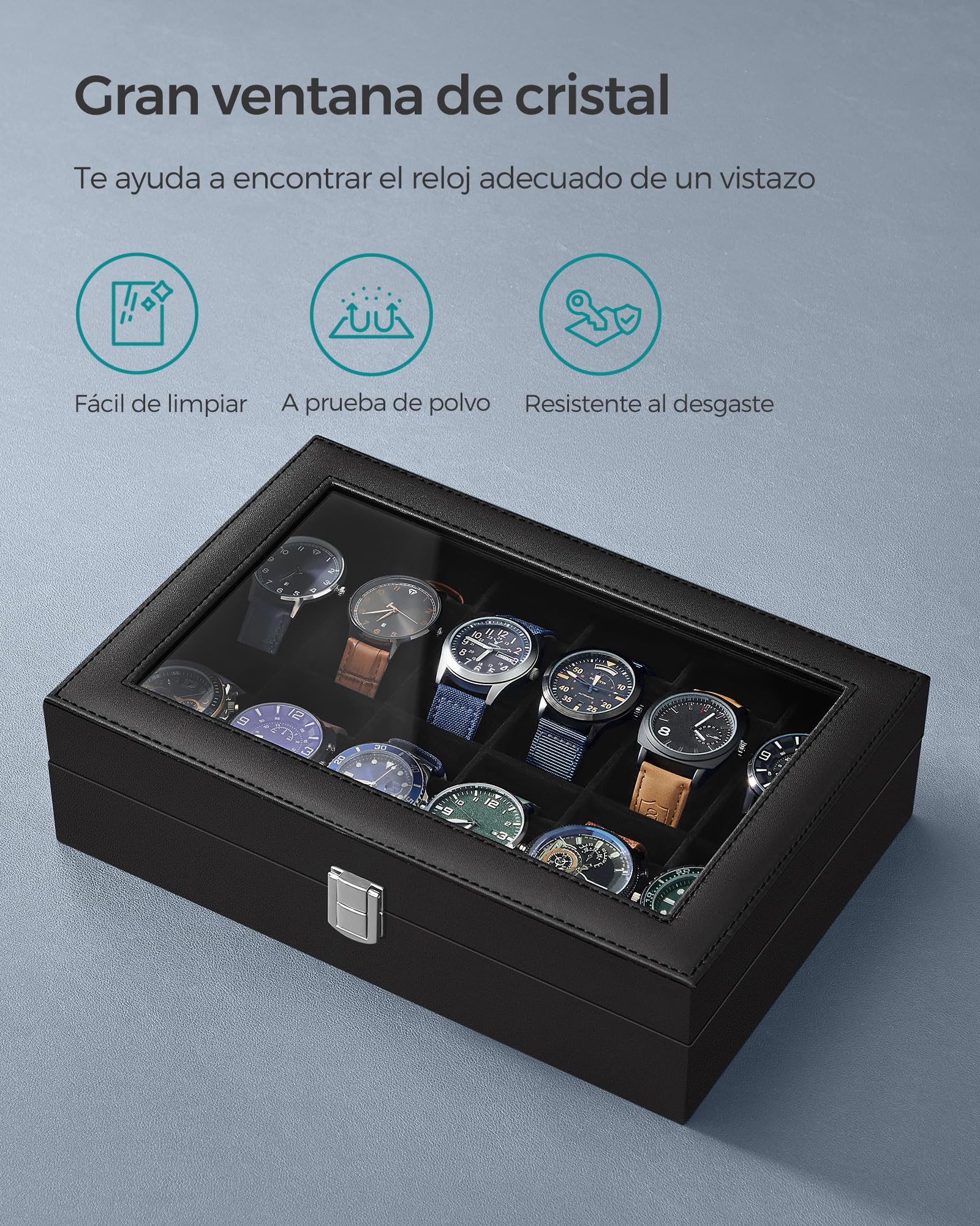 SONGMICS Caja de Relojes 12 Compartimentos Estuche Cristal Cojín Extraíble Cierre Metálico Cuero Sintético Negro JWB12B
