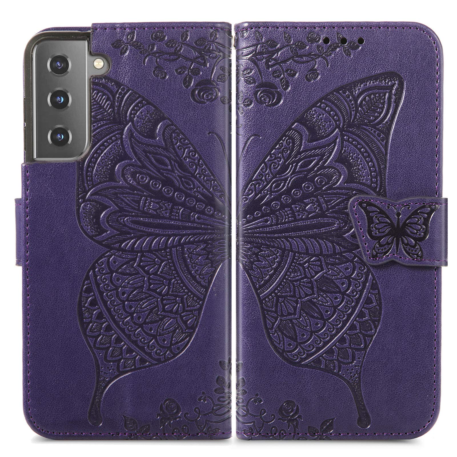 Wallet Case for Samsung Galaxy S22 Plus,PU Leather Wallet Flip Protective Phone Case Wrist Strap Card Slots Holder Pocket Emboss Butterfly Flower Stand Case for Samsung Galaxy S22 Plus Purple