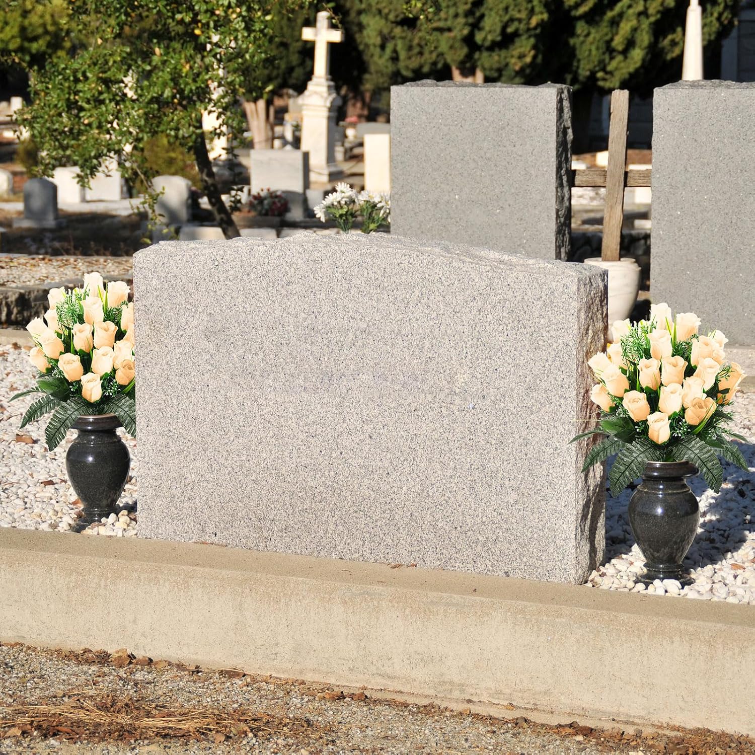 XunYee 2 Pack Memorial Day Cemetery Flowers with Grave Vase 48 Heads Artificial Memorial Flower Bouquet Silk Rose Spring Floral Arrangement for Gravesite Headstone Outdoor Decor(Champagne Gold)