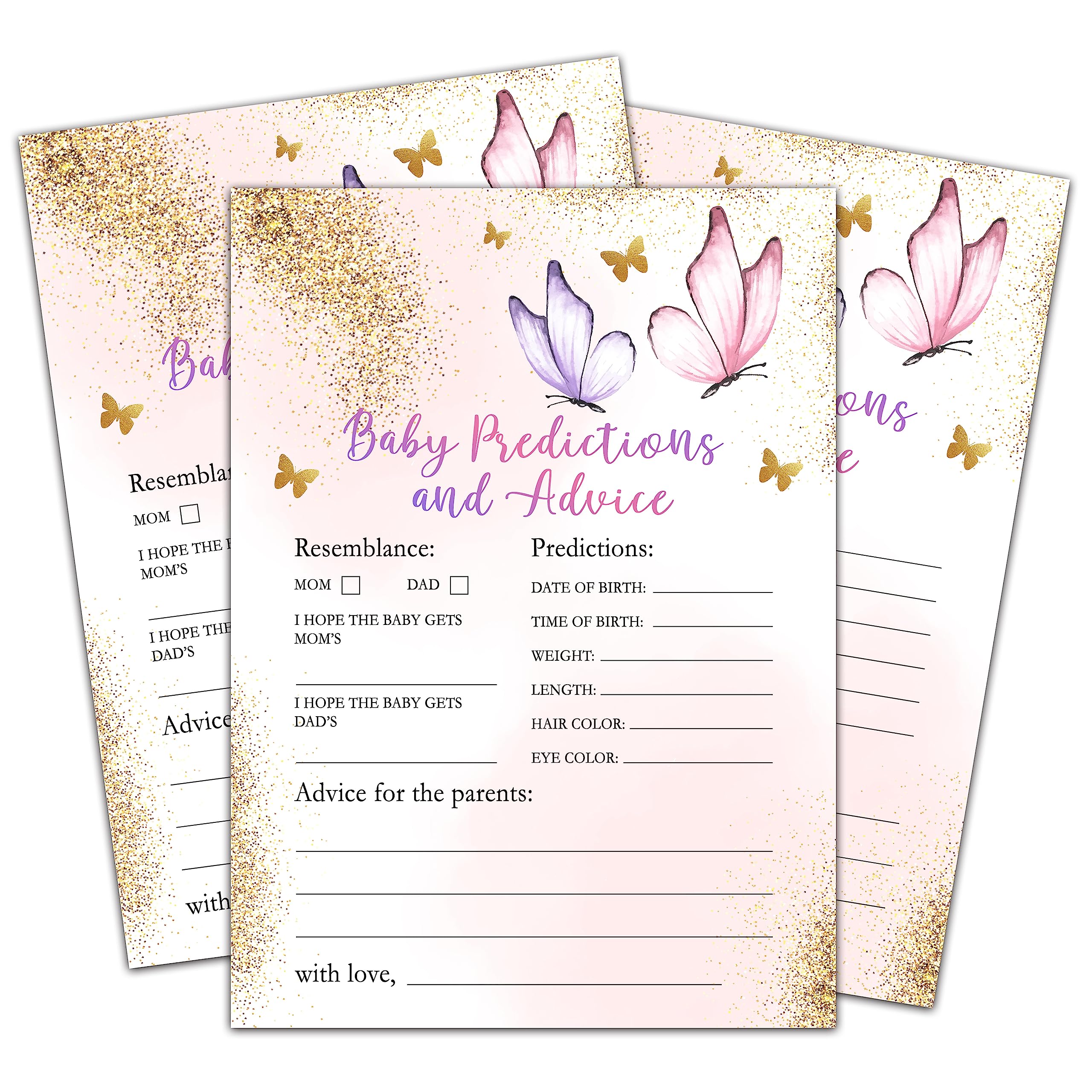 HEZNZXQ Butterfly Baby Shower Games for Girls, Gold Butterfly Baby Predictions and Advice Cards, Blush Pink Decorations, 5" x 7" Double-sided Cards (