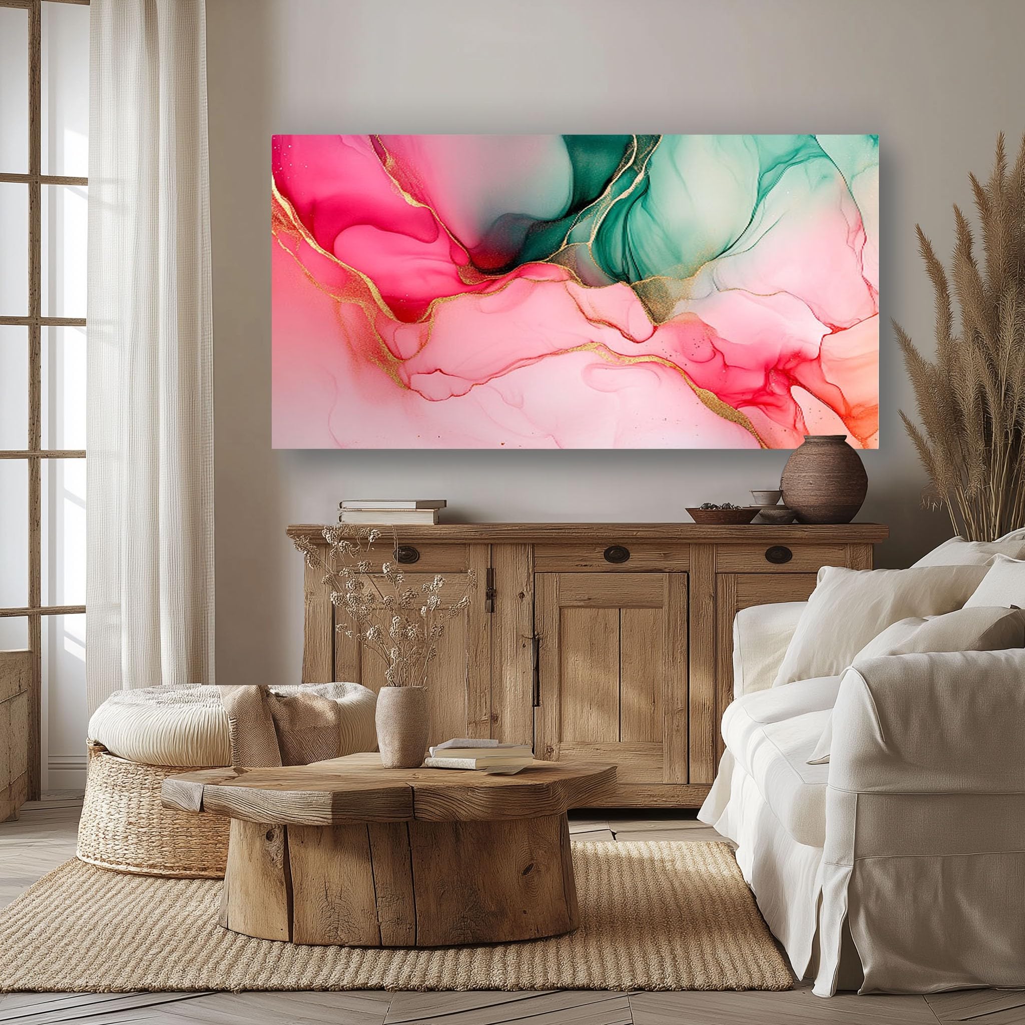Leinwandbild 50x100 cm Abstrakt Tuschmalerei Wandbilder Modern Farbblock | Fertig Gerahmt auf Holzrahmen Kunstdruck Zeitgenössisch Flüssig Wohnzimmer Schlafzimmer Büro Dekoration