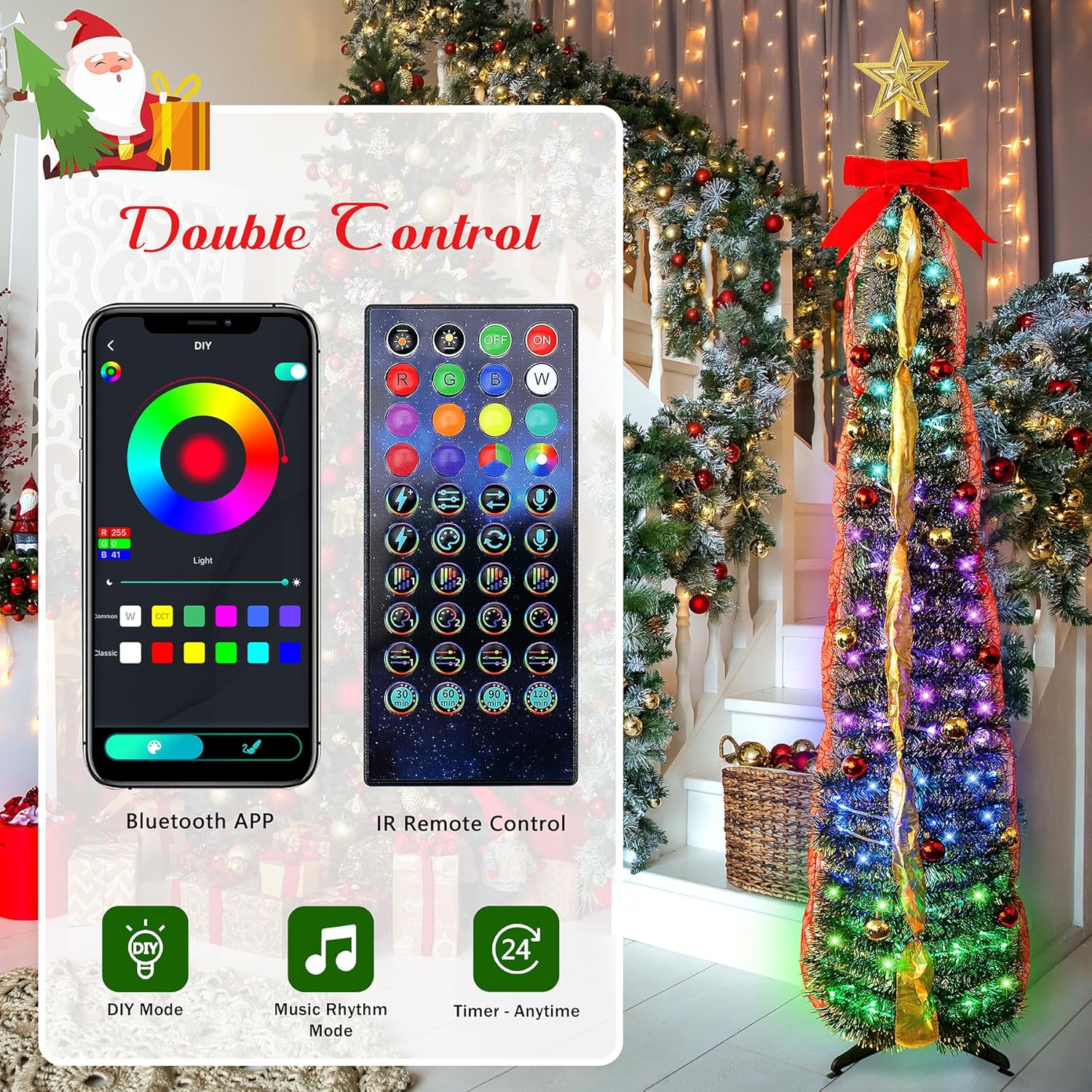 5Ft Prelit Tinsel Pop Up Christmas Tree with Ornament,Fully Decorated Collapsible Pencil Christmas Tree with DIY Multicolor Pink Lights Modes,App-Controlled Xmas Trees for Easter Holiday Home Decor