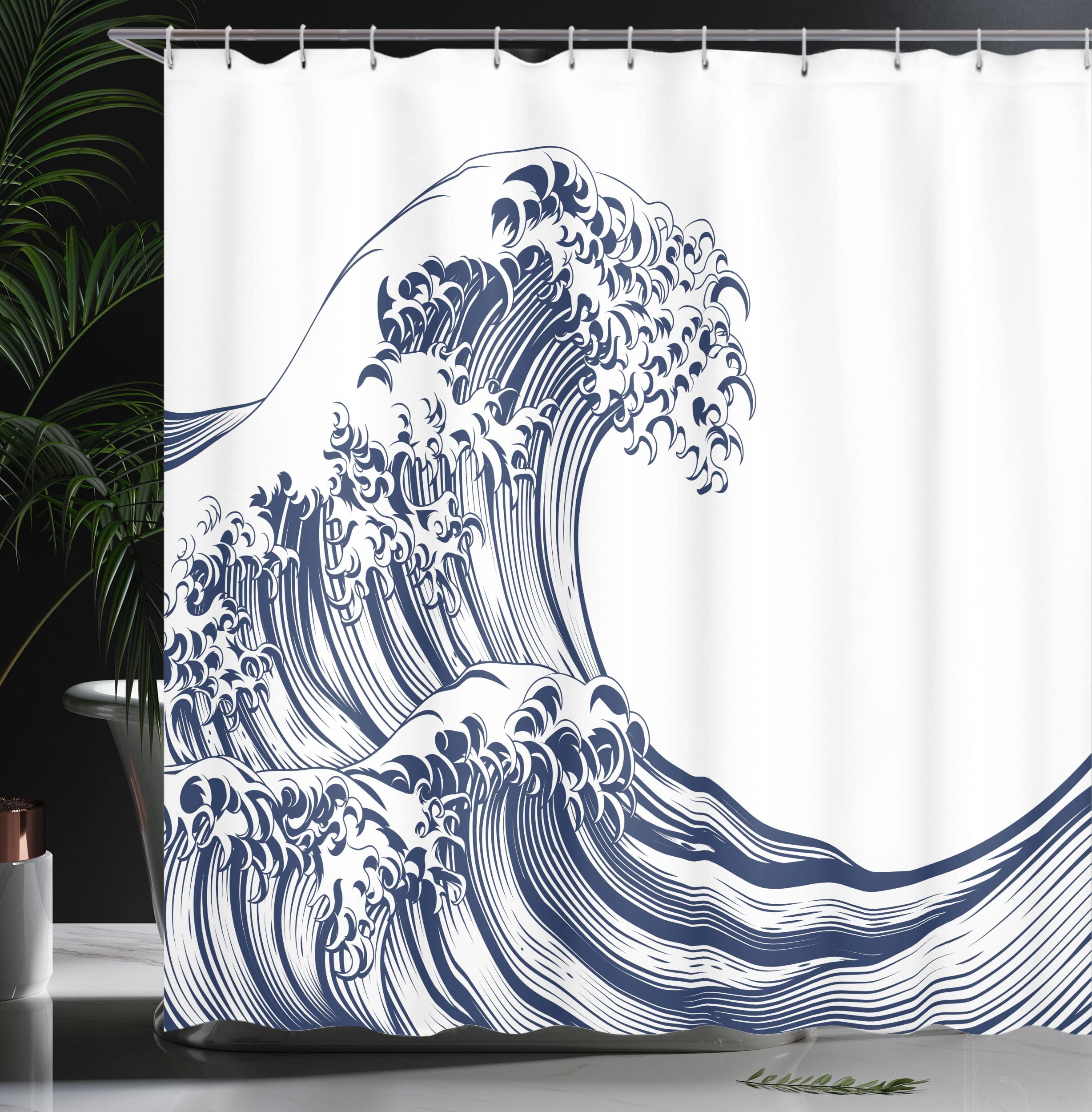 ABAKUHAUS Japanese Wave Shower Curtain, Oriental Vintage Wave Monochrome Kanagawa Inspired Antique Art - Image 3