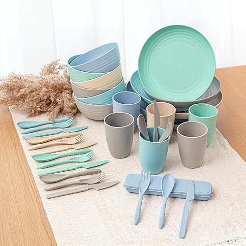 Miniatura 7 de FOODLE Juego de vajilla de paja de trigo, sin BPA y certificado de seguridad, apto para microondas y lavavajillas, perfecto para picnic, dormitorio,