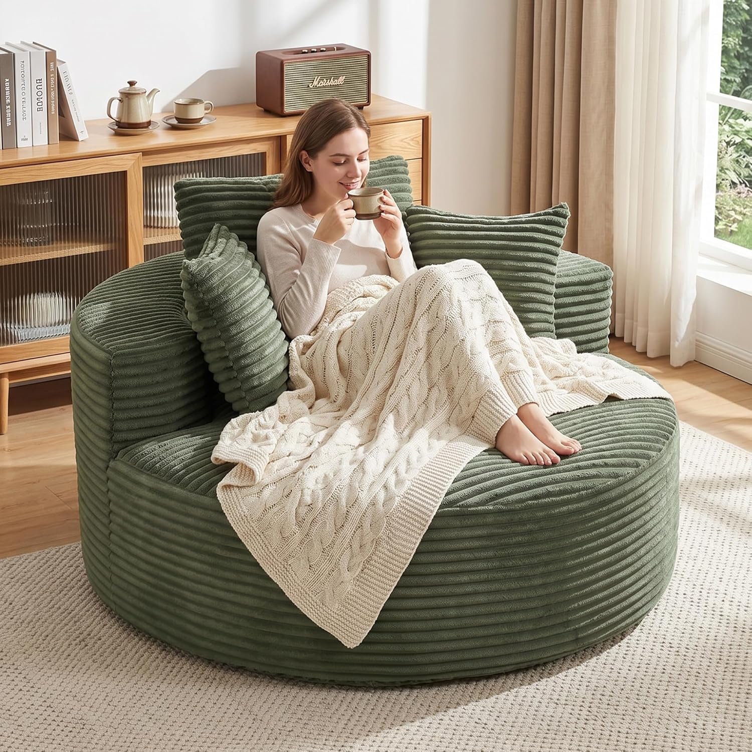 56''Oversized Round Chair Lounge Chaise Indoor, Modern Upholstered Corduroy Cloud Circle Chair with Deep Seat, Comfy Fluffy Sleeper Sofa for Living Room Bedroom No Assembly Required (Green)