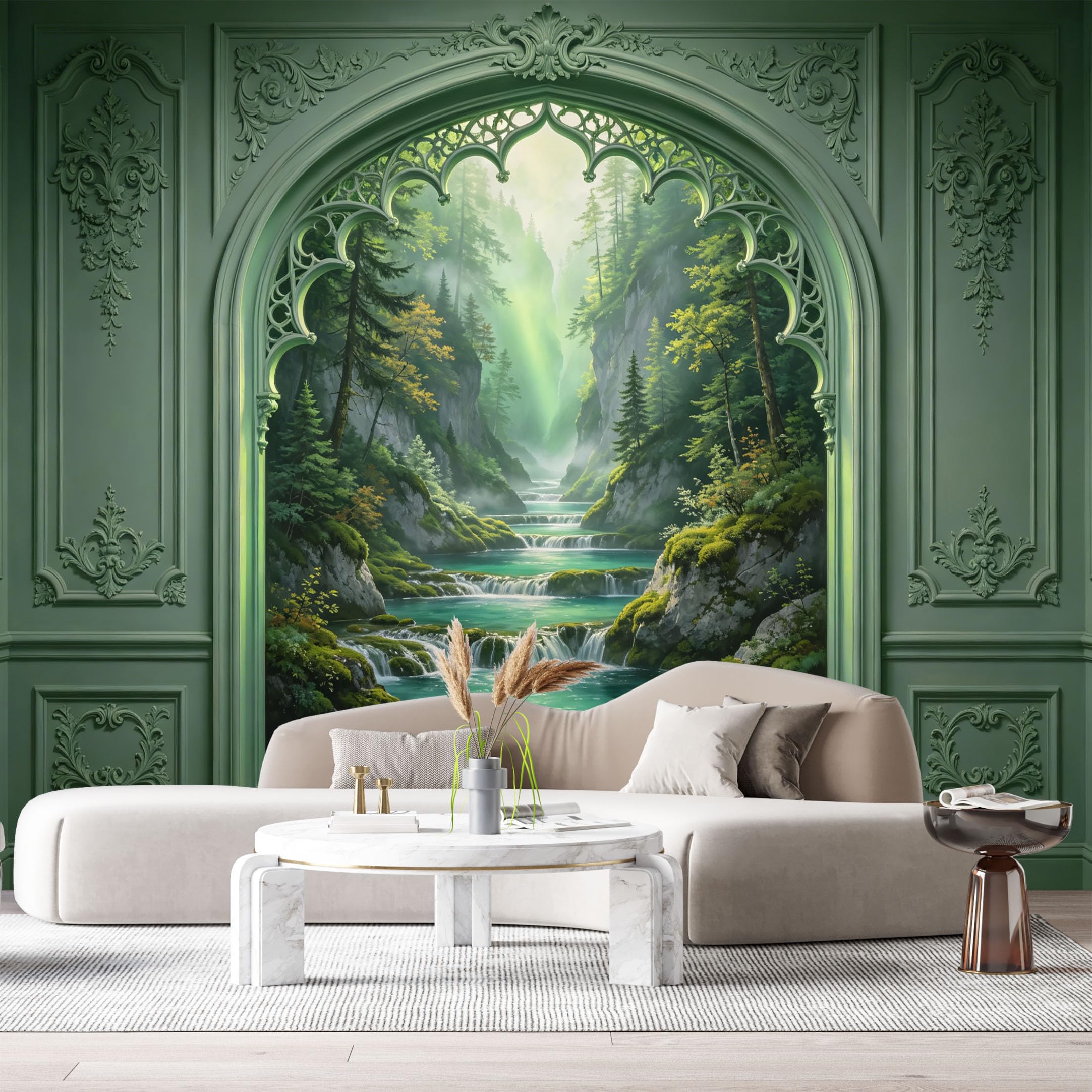 Custom Size Wall Murals Forest Waterfall Gothic Arch Oil Painting 3D Trompe L'Oeil SelfAdhesiveWall Fabric Removable Wallpaper Wall Decor for Living Room Bedroom Bathroom
