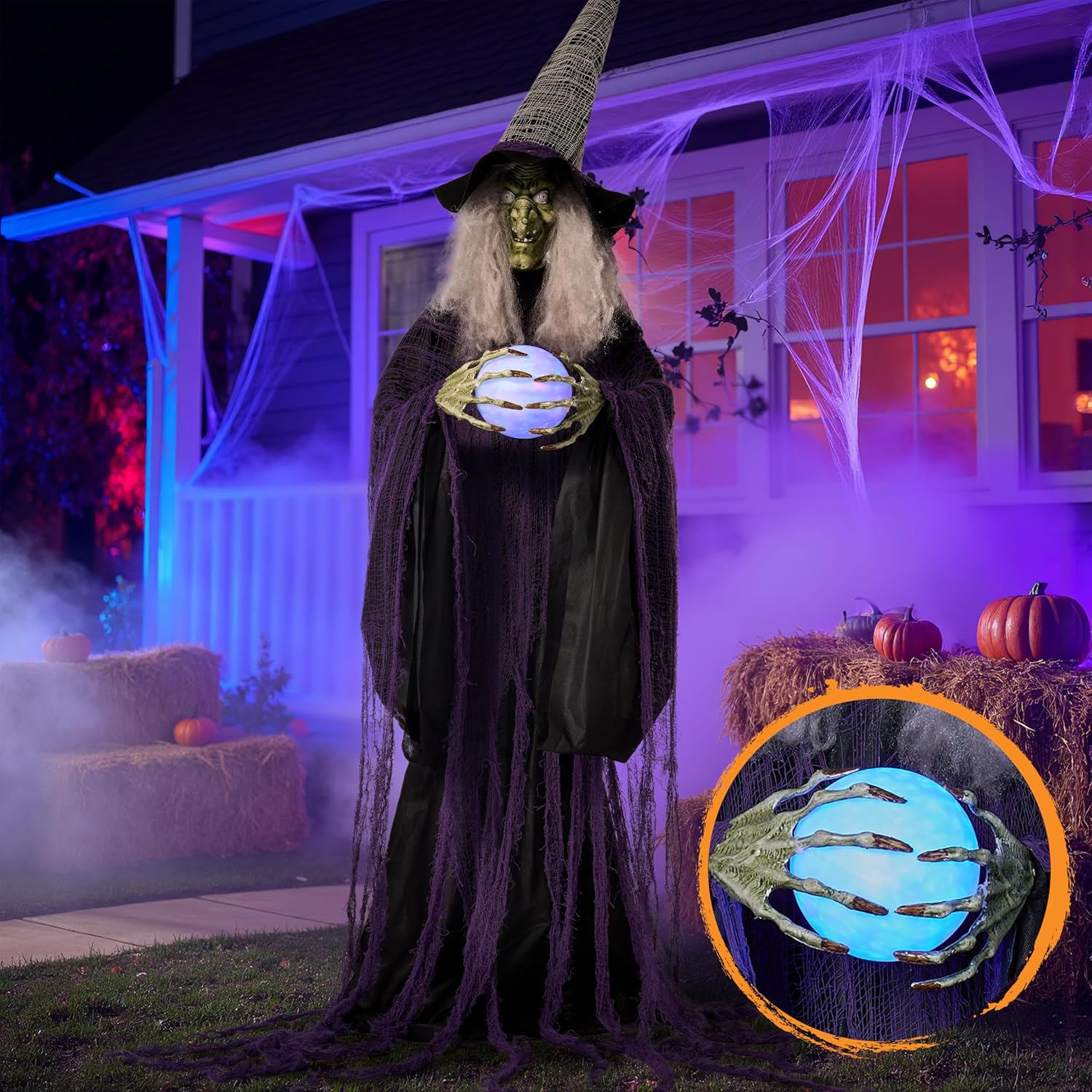 JOYIN 72" Halloween Life-Size Witch Decorations Outdoor with Crystal, Animated Standing Ghost with Motion and Light, Sound Activated Animatronics Clearance Decor for Indoor Haunted House Party Yard Crystal Ball Witch