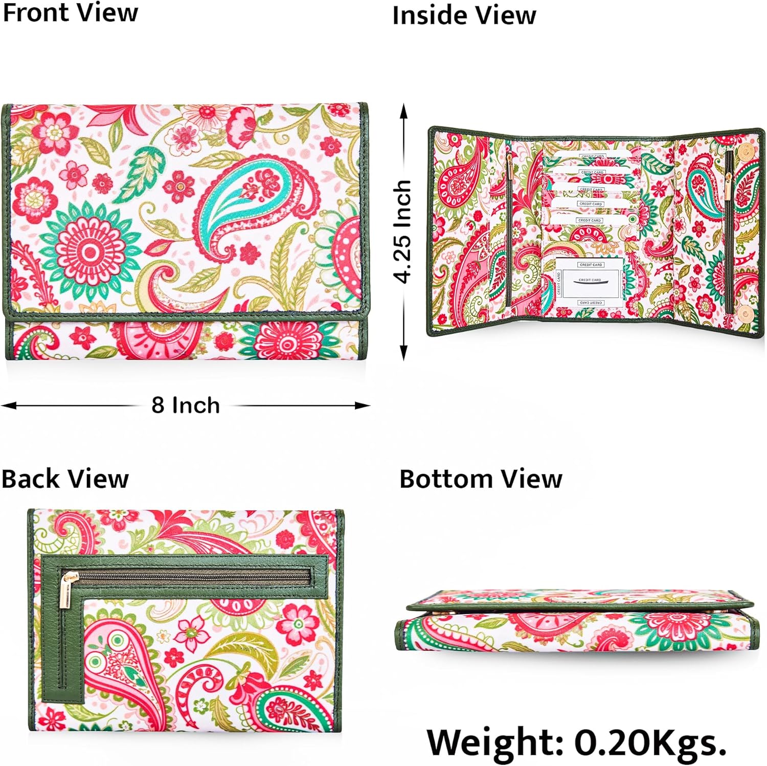 Hand Crafted Nylon Fabric Printed Trifold Wallet Card Holder – Women’s Organizer with Leather Trim