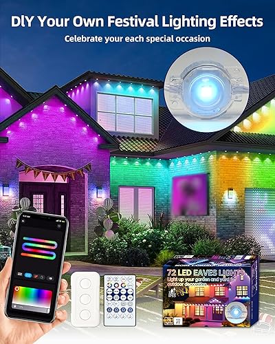 Miniatura 7 de Luces permanentes para exteriores de 111 pies, 72 aleros RGB con control remoto de aplicación, iluminación impermeable IP65 de aleros de eternidad,