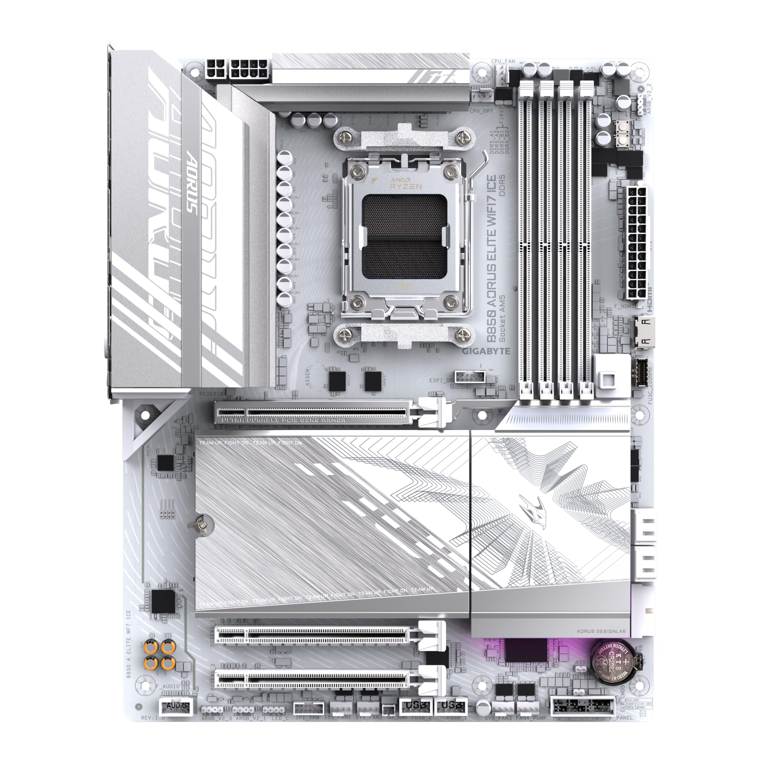 GIGABYTE B850 AORUS Elite WIFI7 Ice Carte Mère - AMD Ryzen 9000 Series CPUs, VRM numérique 14+2+2 Phases, jusqu'à 8200MHz DDR5 (OC), 1xPCIe 5.0 + 2xPCIe 4.0 M.2, LAN 2,5, WiFi 7, USB 3.2 Gen 2x2