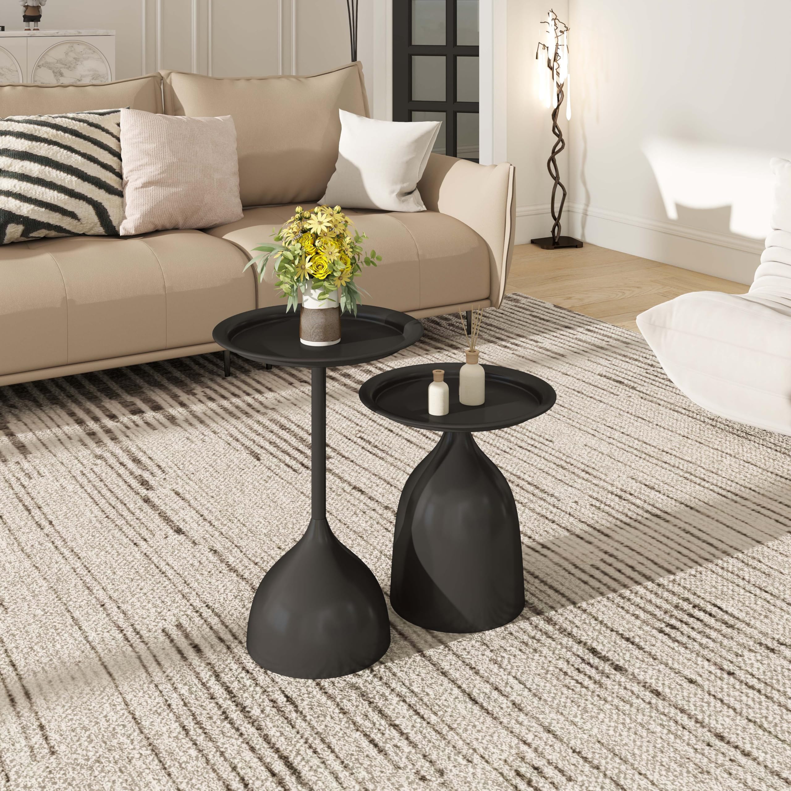 hitsuki Lot de 2 Tables Basses Gigognes, Noir Table d'appoint Rondes en Métal, Petite Table Décoration Intérieure, 40x60 cm + 40x42 cm