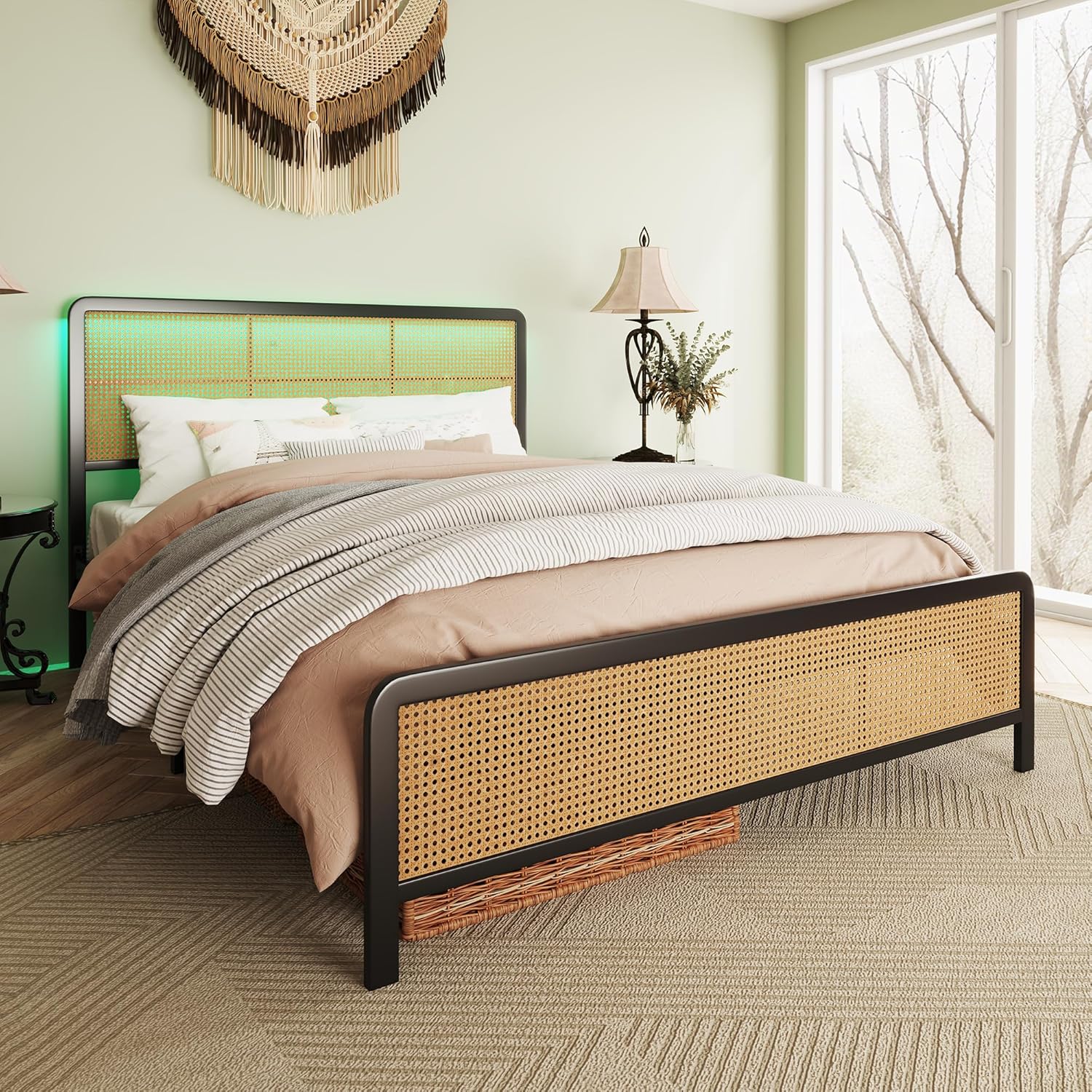 GAOMON Full Size Rattan Platform Bed Frame with Led Light Headboard, Modern Style Cane Boho Bed Frames with Sturdy Steel Slat Support, Heavy Duty Bed Frame, No Box Spring Needed,Black