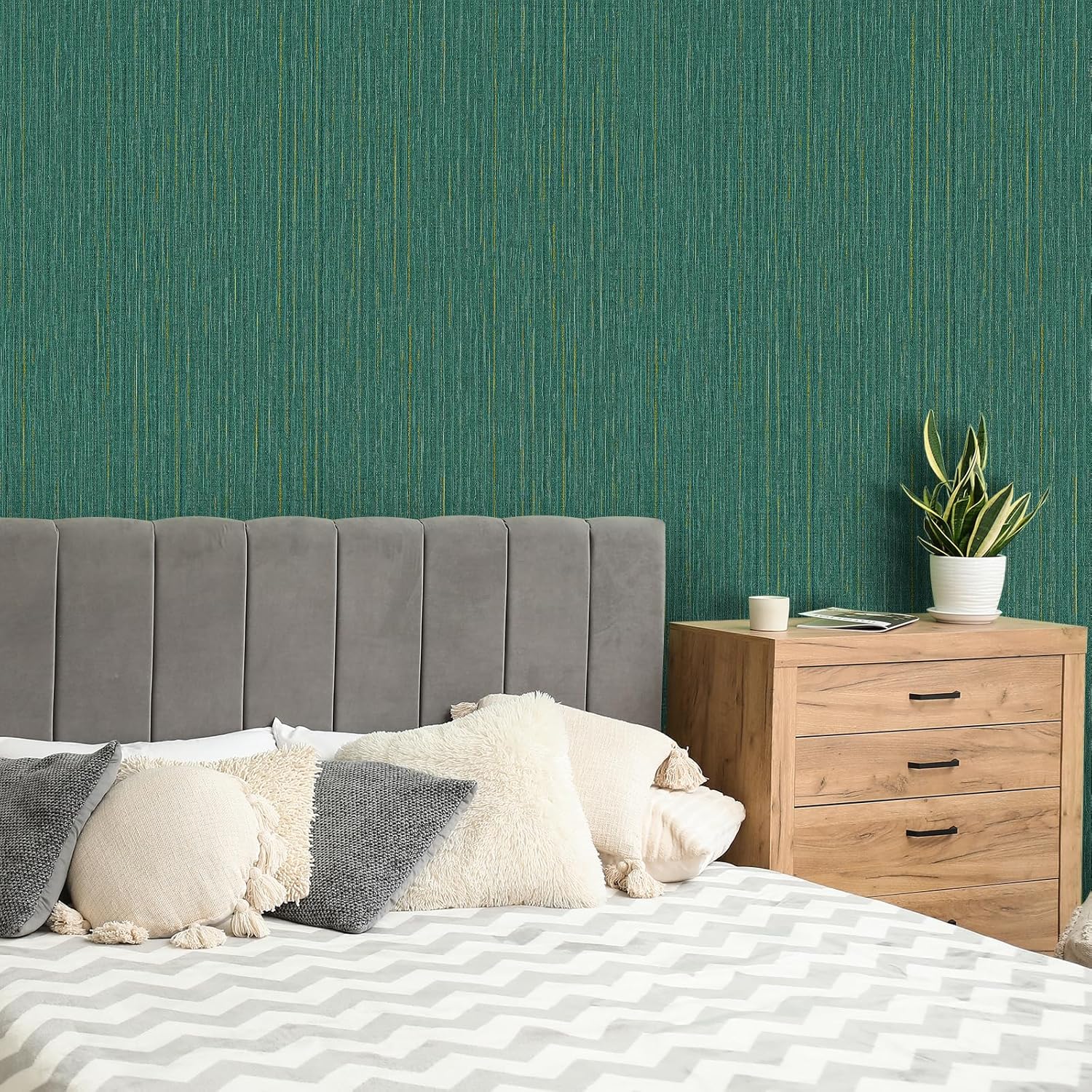 WADILE Grasscloth Wallpaper Peel and Stick Linen Stripes Wall Paper 15.7 in x 393.7 in Fabric Contact Paper Textured Linen Wallpaper Self-Adhesive Thick Vinyl Embossed Wallpaper (Malachite Green)