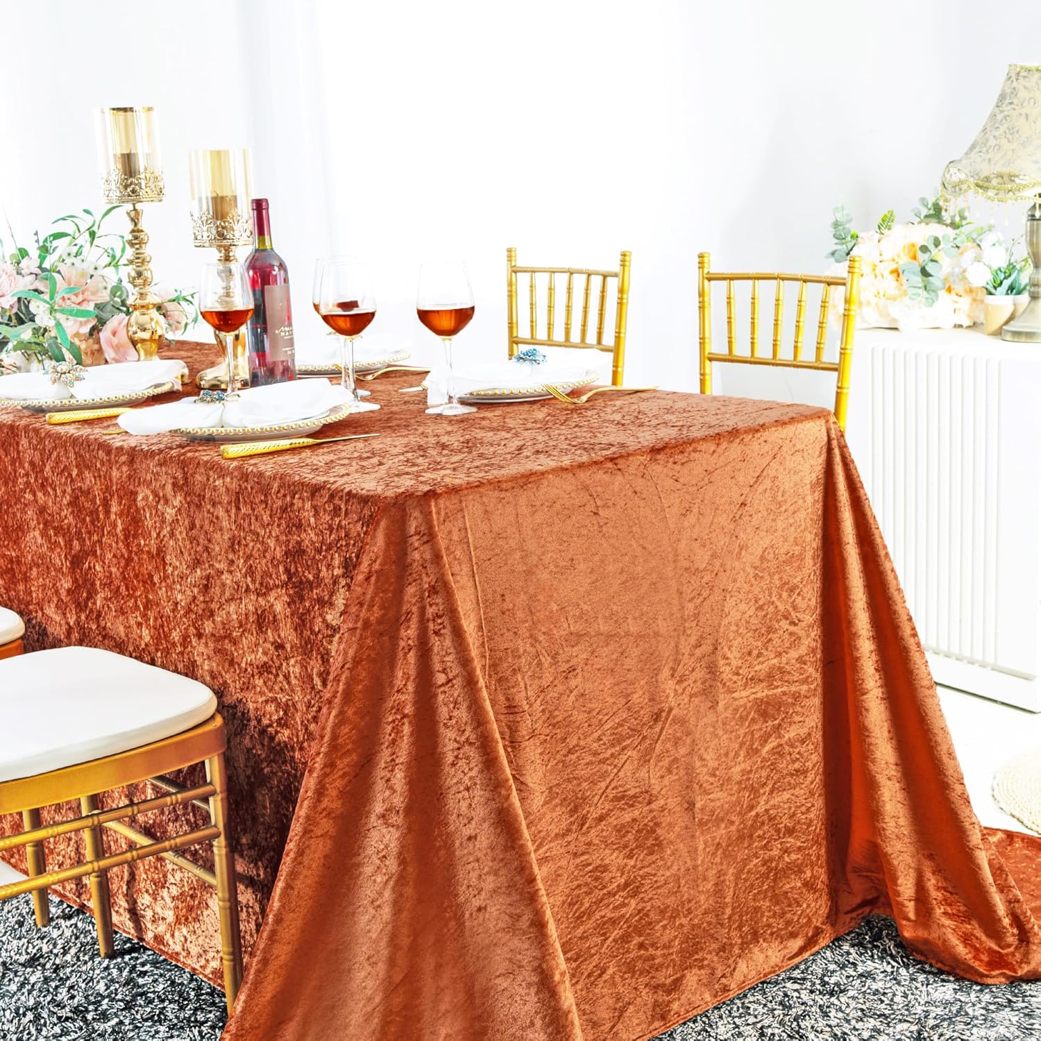 90 x 132 Inch Luxurious Ice Crushed Velvet for 6 ft. Rectangular Tables, Parties, Dining, Banquet, Events, Wedding Reception Decorations and Restaurant (Rust/Burnt Orange)