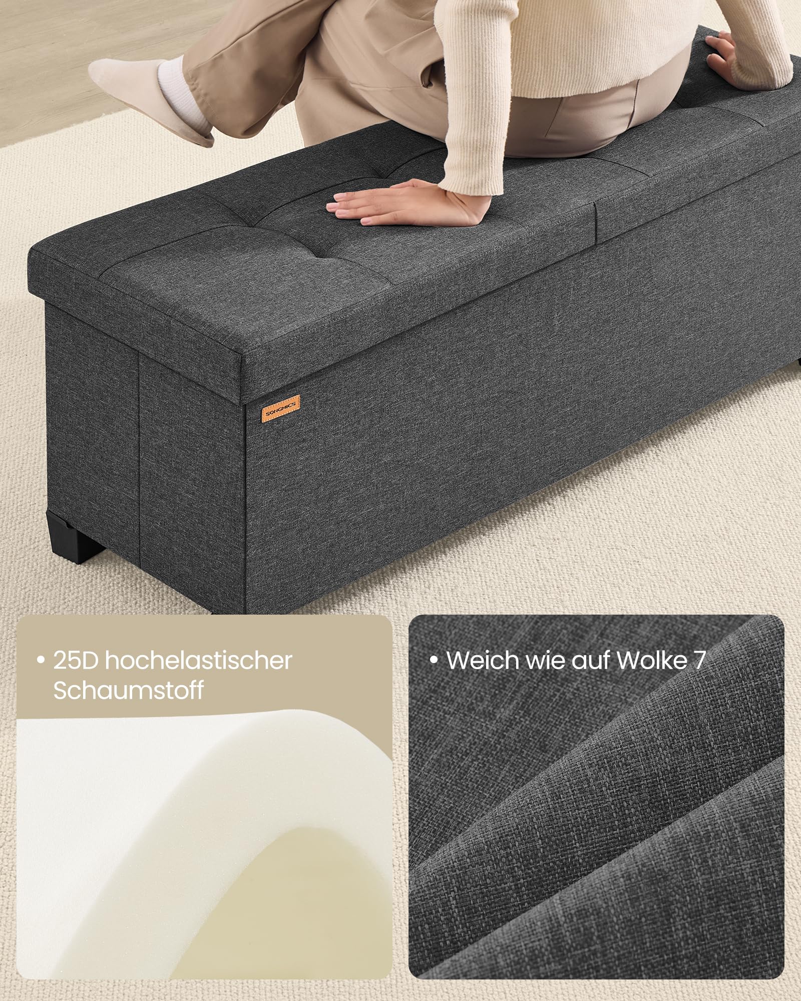 SONGMICS Sitzbank mit Aufbewahrung, mit Beinen, Aufbewahrungsbox, faltbar, mit klappbarem Deckel, Sitzbank, für Wohnzimmer, Schlafzimmer, Eingang, Stoff in Leinenoptik, 110 cm, Schiefergrau LSF079GN01